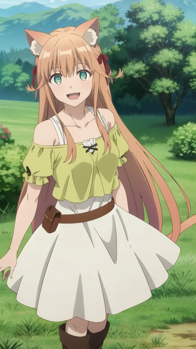 {{{masterpiece}}}, (best quality:1.5), (ultra-detailed:1.5), {illustration}, {{an extremely delicate and beautiful}}, (beautiful detailed eyes:1.6), absurdres, highres, extremely detailed face, 16k, hd, visual anime de uma jovem mulher, extremamente bonito rosto de anime, anime melhor garota, (perfect hands, perfect anatomy), anime face, Kanade(Beast Tamer), kanade, cute face, cat girl, cat ears, light brown hair, very long hair, bangs, sidelocks, red hair ribbon, Big eyes, green eyes, medium breasts, big hips, curvaceous, cat tail, BREAK, shoulderless shirt, off-shoulder shirt, clavicle, short sleeves, puffy sleeves, white dress, green shirt, brown belt, pouch, white skirt, medium skirt, long boots, brown boots, BREAK, smiling, looking at viewer, open mouth, flushed cheeks, flash effect, outdoor, mountain, daytime, forest, flower garden, field, sunshine, peer in from below