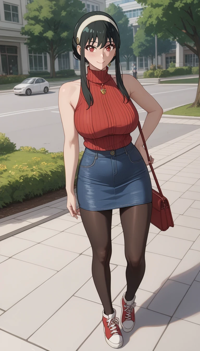  score_9,  score_8_up,  score_7_up,  source_  anime、TOP QUALITY、8k、 masterpiece、Ultra High Definition、 natural light、Perfect Anatomy、 one woman、Big Breasts、saggy breasts、Yor Forger、 dark hair、 cute face、 seducing face、after change、( sleeveless knit 、 high neck)、((Denim pencil skirt))、pantyhose、sneakers、(Spring in the park)、walk