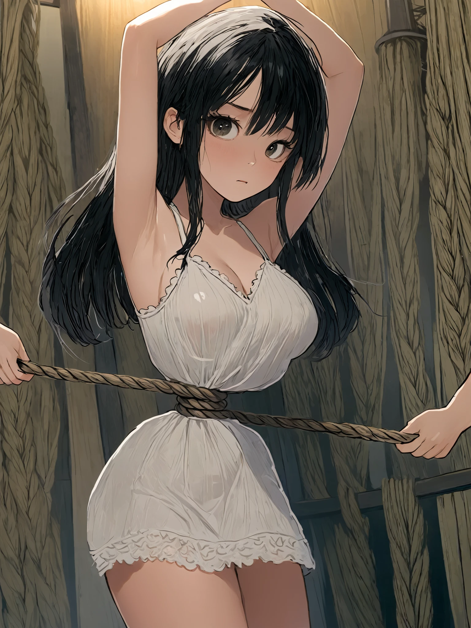 (( anime style))),(( Masterpiece )), (( best quality)), ( super detailed),torture chamber,(((The hemp rope is tightly tightened to her waist))), cute girl, 1 girl,white lace slip dress, beautiful black hair ,( beautiful black eyes ), long hair, expression of pain