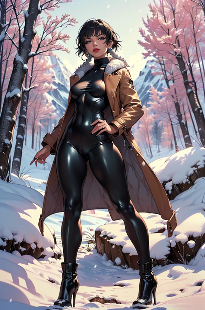 1girl, solo, (((full body))), masterpiece, (high detail:1 1), Rough face, Natural skin, high quality, NSFW, Hinata Hyunga,(French braid hair), (((long wavy hair))), long short detailed hair, white eyes,(arm behind head:1.5),( smile:1.2),Face blush,Sexy figure, perfect bodies, beautiful eyes, (Detailed face and eyes), (face: 1 2), voices, Extra, real photo, ... ... ........... PSD, sharp focus, contrast lighting, Delicate skin, High definition 8K, incredible details, realistic, professional photo shooting, 8K UHD, SLR camera, soft lighting , high high quality, film grain, Fujifilm XT3, magic, particle FX, (((tight body suit))), ((tight black pants)), in the forest, dark forest, horror forest, cherry blossom petals, looking at viewer, (((Show cameltoe))), (((black boots))), (snow), (gloves)