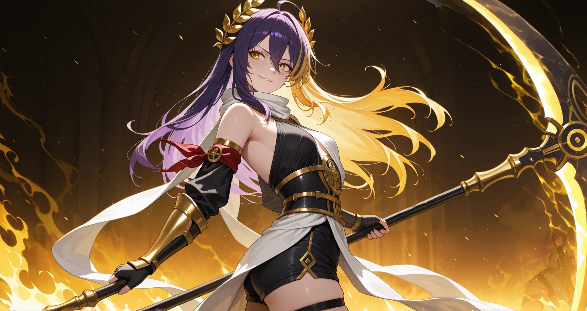realistic lighting, masterpiece, highres, absurdres, depth of field, best quality, amazing quality, very aesthetic, high resolution, newest, hyper-detailed, 1girl, mature woman, upper body shot, detailed skin, extremely detailed eyes, seeledef, purple hair, multicolored hair, long hair, hair between eyes, ahoge, white scarf, bare shoulders, detached sleeves, red armband, black gloves, fingerless gloves, black shorts, short shorts, thigh strap, black footwear, boots, ((laurel crown, golden hair:1.3), golden eyes:1.2), scowl, (corrupted energy, foggy aura:1.1), glitch, small breasts, armor, head tilt, greek armor, golden aura, golden fire, ancient greek clothes, armored, vambraces, sadistic smile, kubrick stare, head tilt, wielding scythe, scythe, from the side, side profile, looking to the side, smirk