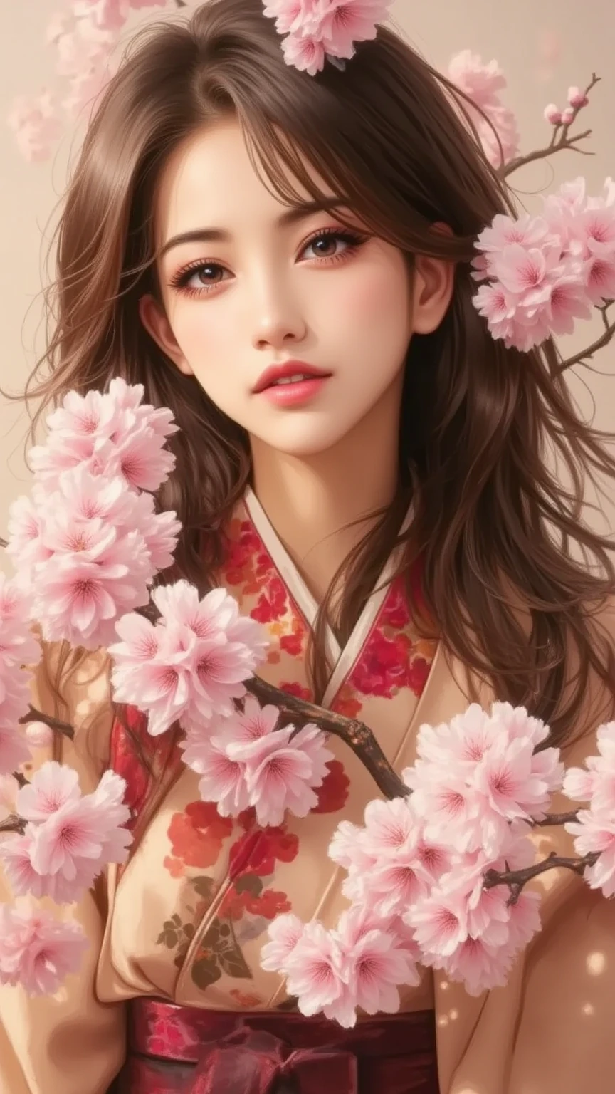 (((Brown watercolor painting:6、brown acrylic paint)))、Cherry Tree、girl with cherry branches、happy expression、smile、shiny detailed long hair、 black hair、Detailed haori hakama、( twinkle in both armpits、 fluffy、Bokeh)、(((dark sepia filter)))、 plain background 、Isona diagram、whole body