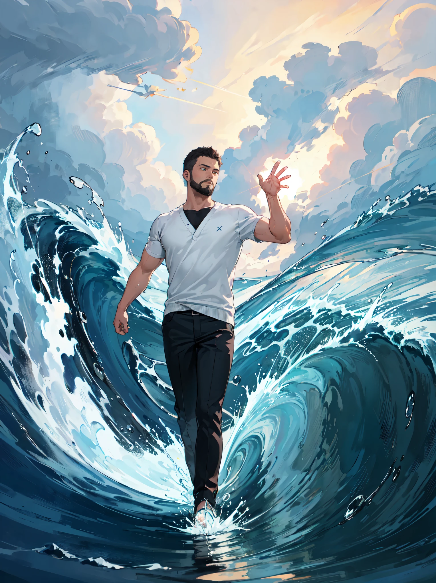 (water particles flying around), hydromancer, slim mature male, water magic, handsome, full beard, short undercut, mystic, modern outfit, masterpiece, eye focus, best quality, anatomically correct, (walk on water: 1.15), water particles flying around, ocean, huge waves behind character, ((storm)), huge waves around character, night, night sky, mystic, dark hair, walking to viewers, 1boy, manly, modern t-shirt, modern cardigan, ((hydromancer)), raising his hand to water, rasing one hand, Detailed hand, Hand, Perfect hand,