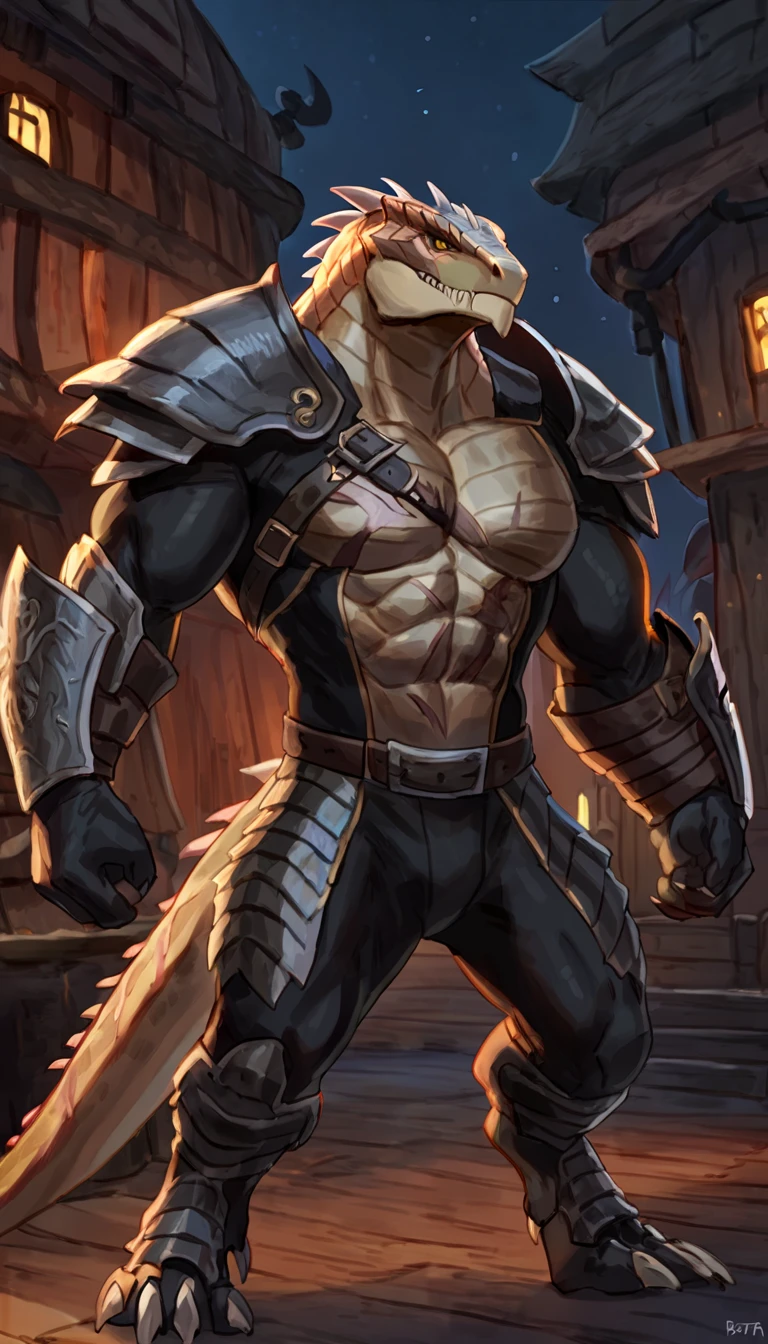 Solo, male, alligator, long snout, sharp teeth, fangs, thick face, wide face, broad shoulders, muscular, buff, strong, tall, giant, massive, enormous, gigantic, big biceps, big pecs, brown body, brown skin, yellow eyes, detailed crotch, big bulge, by darkgem, by mystikfox61, by chunie, by Vader-san, cave, dark, dramatic lighting, combat vest, tactical armor, shoulder pads