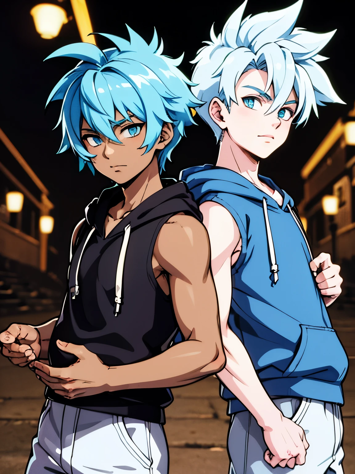 best quality image, imagine a age man , that has dark skin , who has light blue eyes , who has light blue hair, with big, messy and spiky hair, Are you wearing a sleeveless hooded shirt.