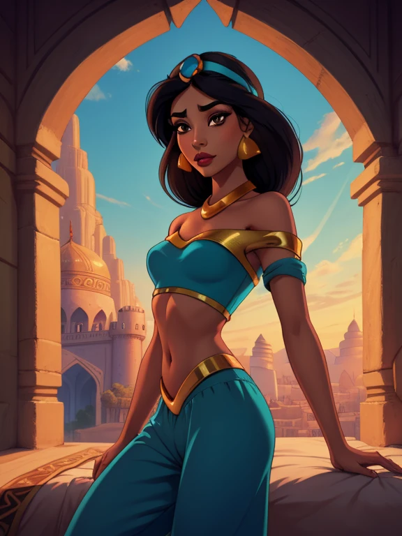 sunset shimmer dressed as princess jasmine, on a balcony over looking an Arabian town at night