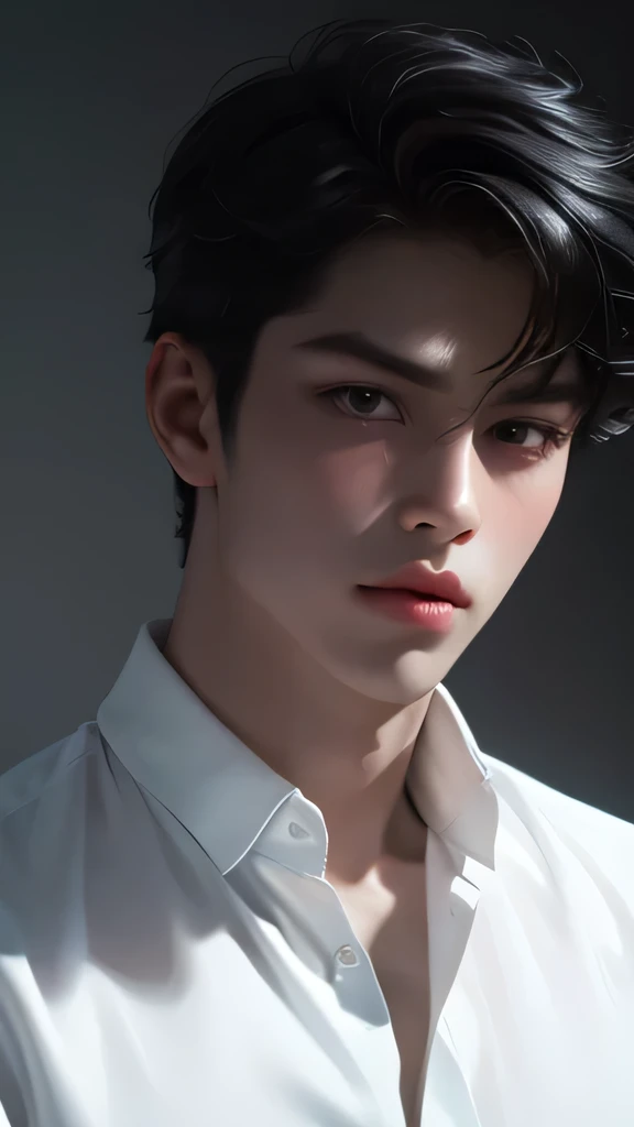 masterpiece, best quality, 1 man, portrait, Beautiful handsome, alone, lips, male focus, random color, looking at the viewer, short hair, black gentle expression, white shirt,black hair, cool pose as CEO