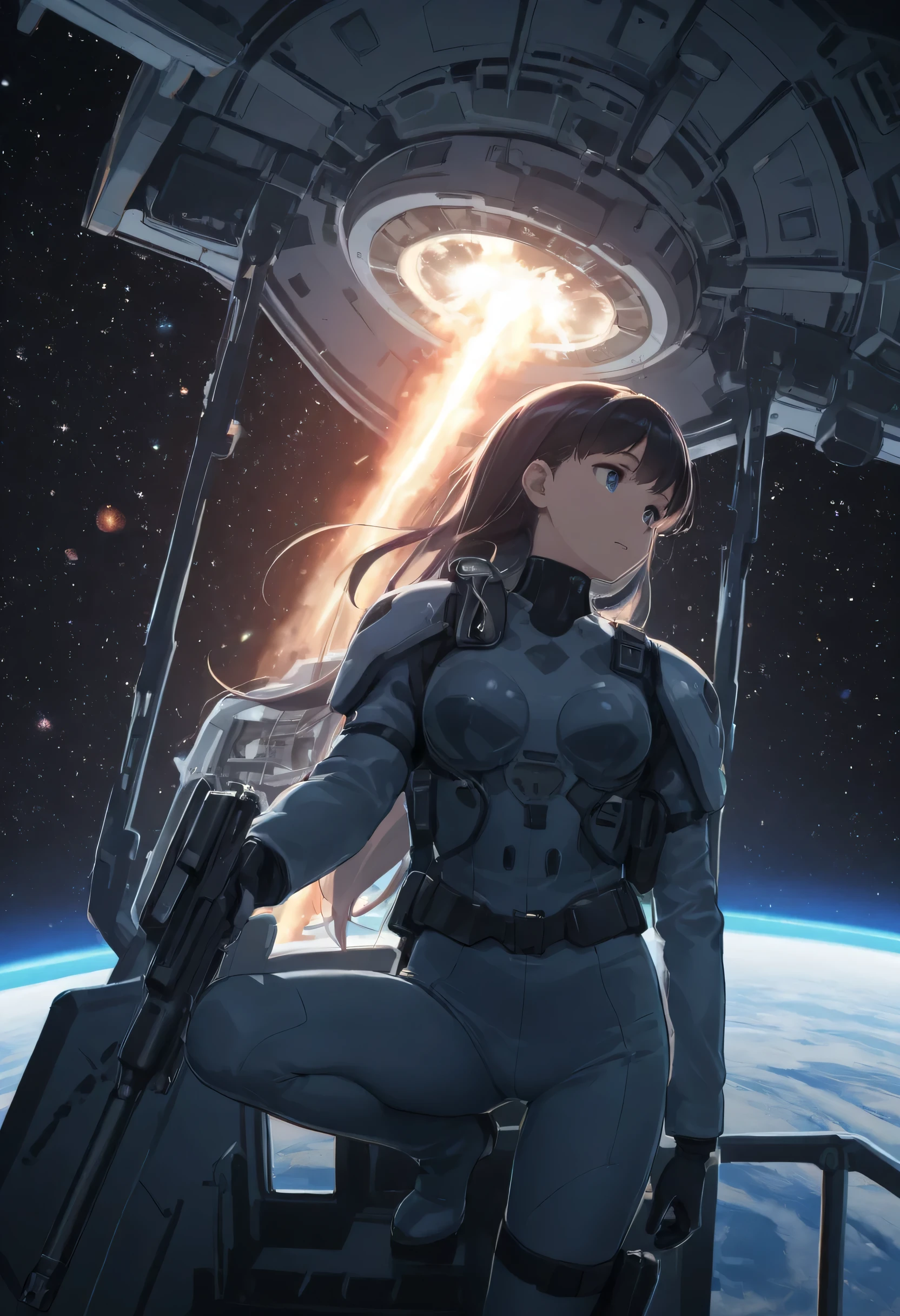 in high-definition images、 masterpiece, TOP QUALITY, 1 girl, Space Thriller Movie, Space Battle,Inside the Battleship in the Galactic Federation , Commander of Operations, Kirch Ice's Sister。
