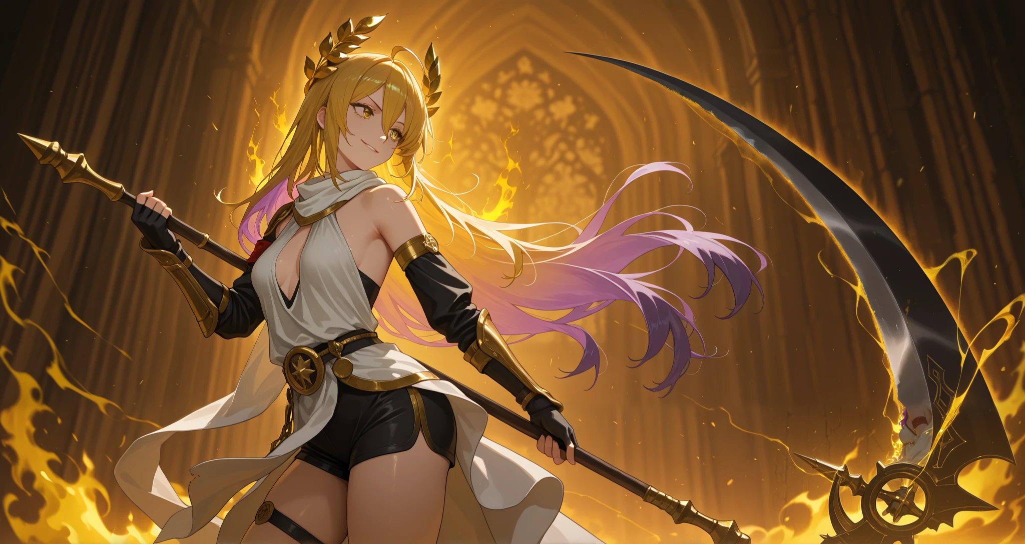 realistic lighting, masterpiece, highres, absurdres, depth of field, best quality, amazing quality, very aesthetic, high resolution, newest, hyper-detailed, 1girl, mature woman, upper body shot, detailed skin, extremely detailed eyes, seeledef, purple hair, multicolored hair, long hair, hair between eyes, ahoge, white scarf, bare shoulders, detached sleeves, red armband, black gloves, fingerless gloves, black shorts, short shorts, thigh strap, black footwear, boots, ((laurel crown, golden hair:1.3), golden eyes:1.2), scowl, (corrupted energy, foggy aura:1.1), glitch, small breasts, armor, head tilt, greek armor, golden aura, golden fire, ancient greek clothes, armored, vambraces, sadistic smile, kubrick stare, head tilt, wielding scythe, scythe, from the side, side profile, looking to the side, smirk