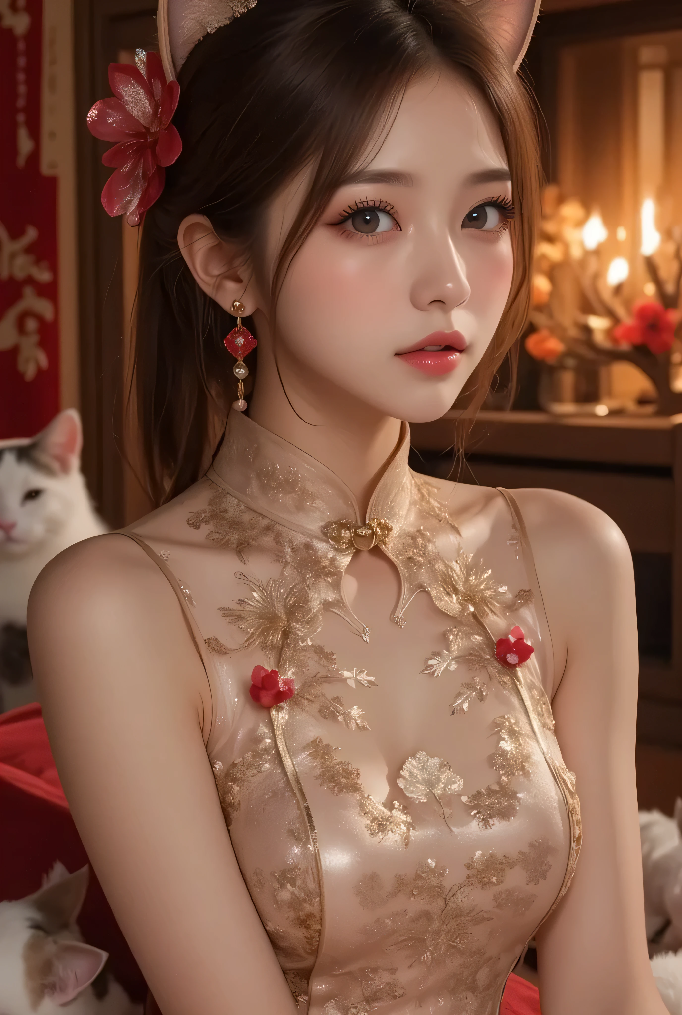 Cat ears、 face up、((( Lying in Bed))) attractive, pretty girl, ponytail、 (( fine facial features , eroticism)), dramatic lighting , realistic , 8k, Dramatic Shadows , intricate and elaborate patterns , super detailed photo , chiaroscuro lighting , Pleasant colors , deep contrast , super real 、 pink lipstick、luxury earrings, luxury necklace, luxury hairpin, warm room、Vintage Fireplace 、 cinematic composition、Close-up of face, A beautiful Korean idol wearing a short random colour cheongsam with golden or silver intricate floral embroidery, standing gracefully in a room filled with traditional Chinese New Year decorations. The room features vibrant red lanterns, decorative calligraphy scrolls, a small Chinese orange tree with golden ornaments, and several red envelopes scattered across the floor and hanging from the tree. Adorable, playful cats are part of the scene—some sitting near the tree, others curiously pawing at the red envelopes or lounging around. Through a window or an open door in the background, vibrant Chinese fireworks light up the night sky in an array of reds, golds, and blues, casting a magical glow into the room. The idol’s outfit is paired with subtle accessories like red hairpins or earrings, complementing the festive look. The atmosphere is warm and lively, filled with the joyful essence of the celebration, enhanced by the shimmering lights of the fireworks and the lively decor.