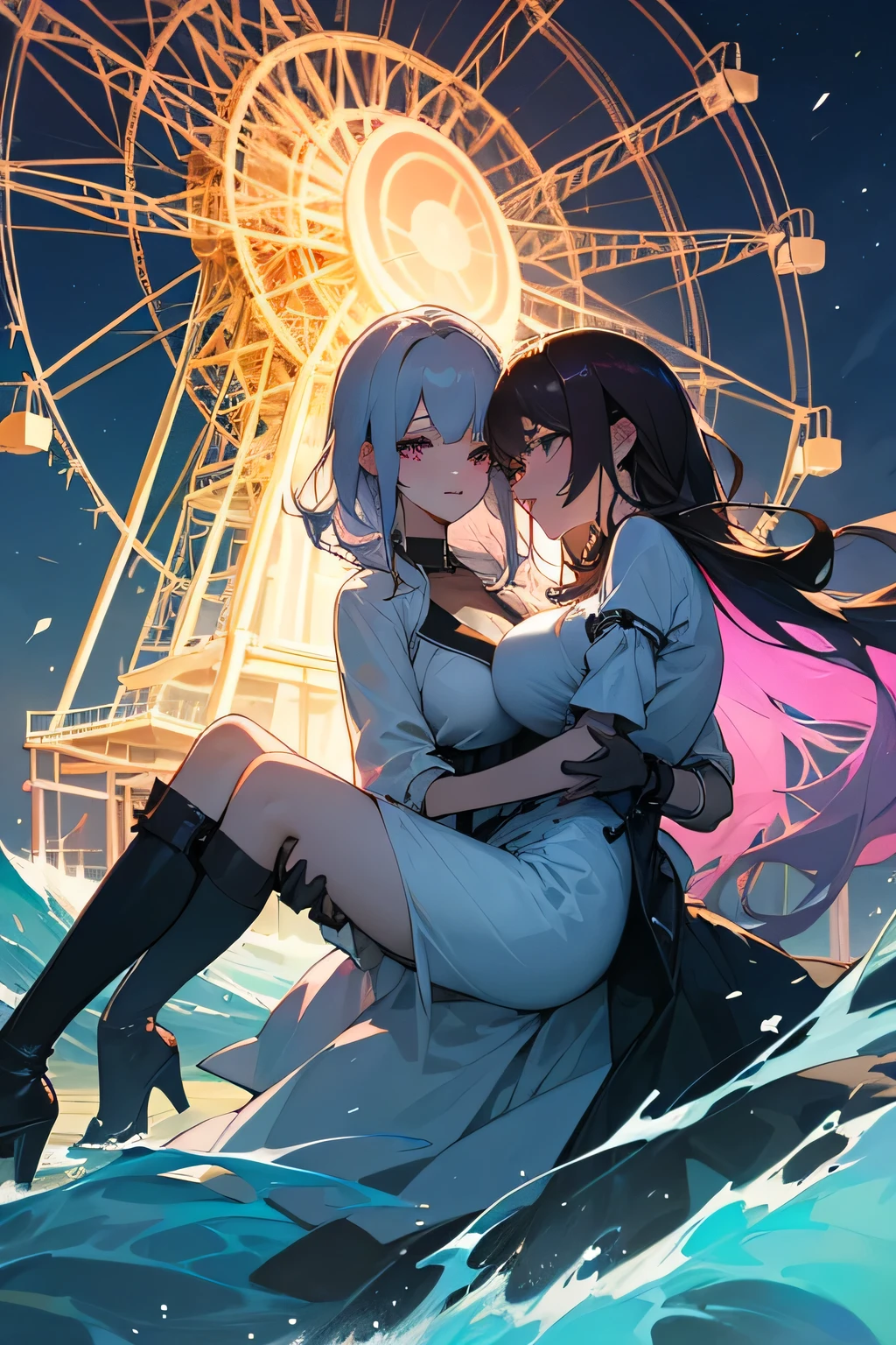 Two women hugging,Open-chested clothing,Seaside,Unbuttoned,liquor,Midnight,Adult atmosphere,Change of clothes