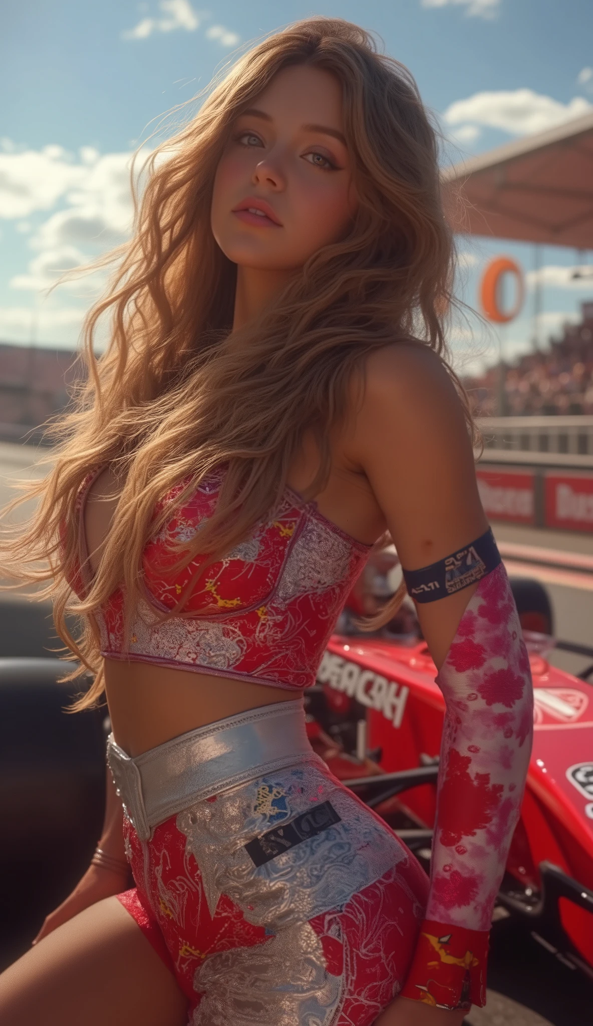 beautiful plump woman ,風になびくwavy brown hair、 Did a race queen cosplay(Sydney Sweeney)、、 racing circuit、F1 racing car
