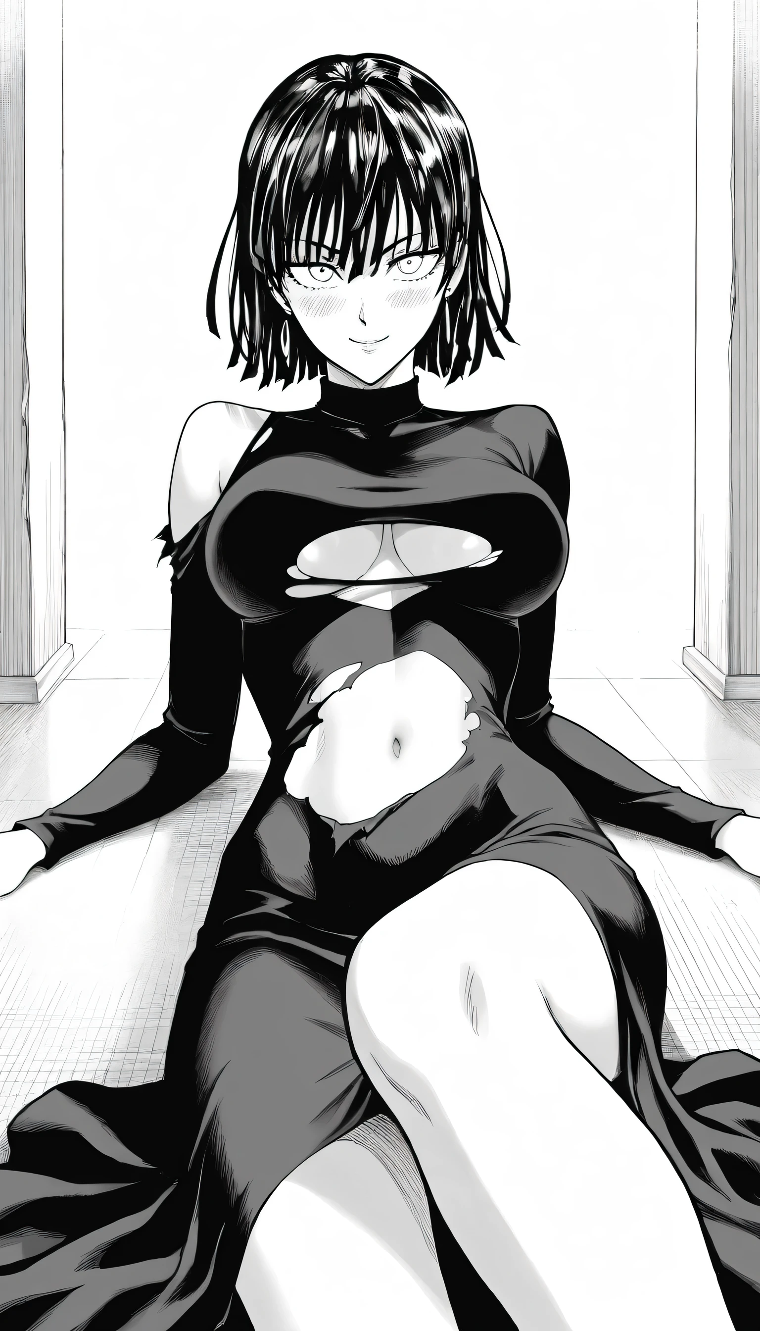 masterpiece, best quality, amazing quality, very aesthetic, intricate details, depth of field, scenery, BREAK.
monochrome, black and white, greyscale, screentones, halftone, ben-day dots, cross-hatching, hatching (texture), linear hatching, hatching \(art\), BREAK.
blush,
looking at viewer, smile expression, light smile,
(Smile eyed:1.2), (Enjoying eyes:1.2), (aged up:1.3),
BREAK.
(torn clothing:1.4), torn topwear,
(foreshortening:1.3), perspective,
torn black dress, long dress, long sleeves, turtleneck, , BREAK.
fubuki (one-punch man), white eyes, black hair, short hair, bangs, hair between eyes, large breasts, BREAK.,perfect navel,show off shoulders,laying on ground,torn cloth in shoulder,beautiful Curves,beautiful breasts,beautiful navel,torn clothe in legs,Beautiful legs,feminine body,physical signs indicate that fubuki is ready to have a sex