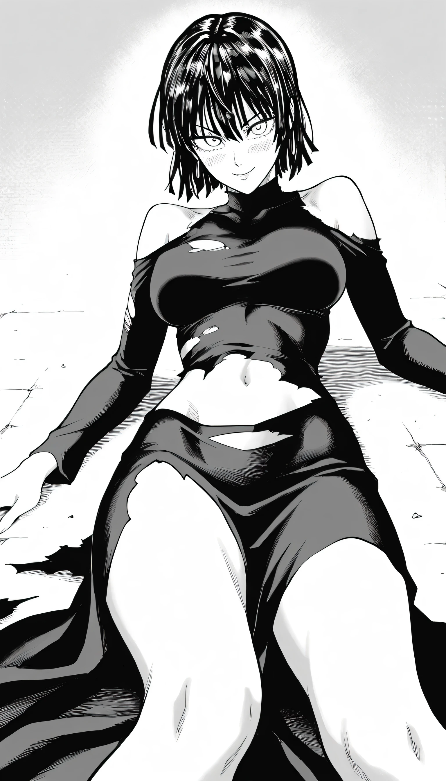 masterpiece, best quality, amazing quality, very aesthetic, intricate details, depth of field, scenery, BREAK.
monochrome, black and white, greyscale, screentones, halftone, ben-day dots, cross-hatching, hatching (texture), linear hatching, hatching \(art\), BREAK.
blush,
looking at viewer, smile expression, light smile,
(Smile eyed:1.2), (Enjoying eyes:1.2), (aged up:1.3),
BREAK.
(torn clothing:1.4), torn topwear,
(foreshortening:1.3), perspective,
torn black dress, long dress, long sleeves, turtleneck, , BREAK.
fubuki (one-punch man), white eyes, black hair, short hair, bangs, hair between eyes, large breasts, BREAK.,perfect navel,show off shoulders,laying on ground,torn cloth in shoulder,beautiful Curves,beautiful breasts,beautiful navel,torn clothe in legs,Beautiful legs,feminine body,physical signs indicate that fubuki is ready to have a sex