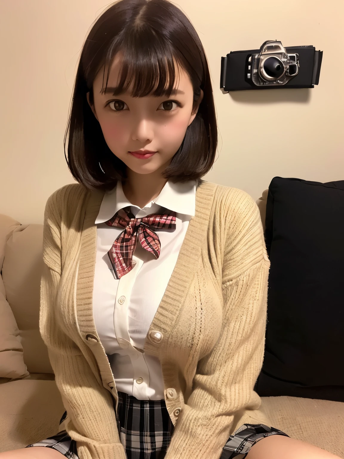 Photo Real、photoRealstic Dark hair、Short hair、bangss drooing eyes、with round face、The contours of the face are round、Plump cheeks、small mouth eye glasses、Round glasses、Big glasses、Black-rimmed glasses、校服、a sailor suit、Red tie、Beige cardigan、Red skirt hi-school girl、sixteen years old、japanes、Soft thighs Faces close、Face Close-up、Staring at this、Boldly rubbing your chest、Leaning against the bookshelf、Blushing Background with、bookcase、Timber wall、wood floor、Dark place