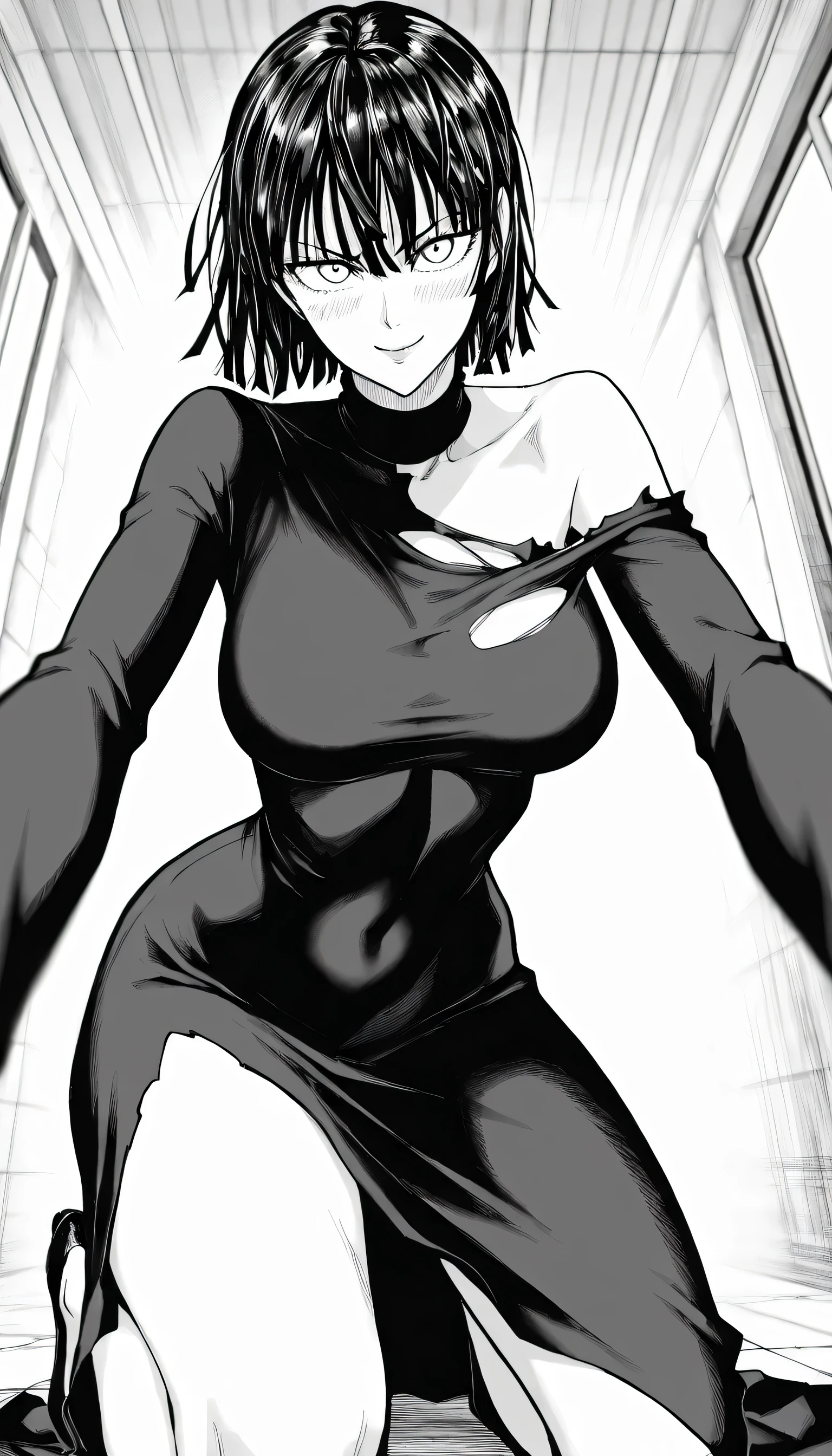 masterpiece, best quality, amazing quality, very aesthetic, intricate details, depth of field, scenery, BREAK.
monochrome, black and white, greyscale, screentones, halftone, ben-day dots, cross-hatching, hatching (texture), linear hatching, hatching \(art\), BREAK.
blush,
looking at viewer, smile expression, light smile,
(Smile eyed:1.2), (Enjoying eyes:1.2), (aged up:1.3),
BREAK.
(torn clothing:1.4), torn topwear,
(foreshortening:1.3), perspective,
torn black dress, long dress, long sleeves, turtleneck, , BREAK.
fubuki (one-punch man), white eyes, black hair, short hair, bangs, hair between eyes, large breasts, BREAK.,perfect navel,show off shoulders,laying on ground,torn cloth in shoulder,beautiful Curves,beautiful breasts,beautiful navel,torn clothe in legs,Beautiful legs,feminine body,physical signs indicate that fubuki is ready to have a sex,Porn atmosphere
