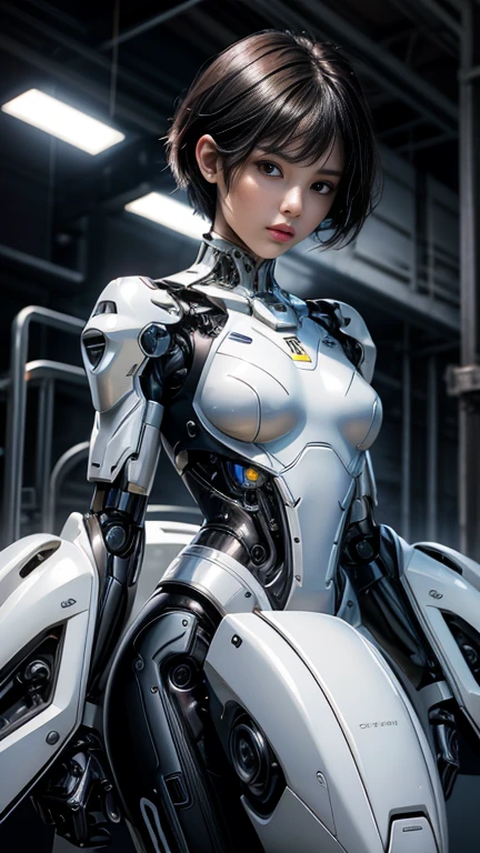A robot girl，severed limbs，Chest penetration，Exposed mechanical structure，prosthesis，flying Posture