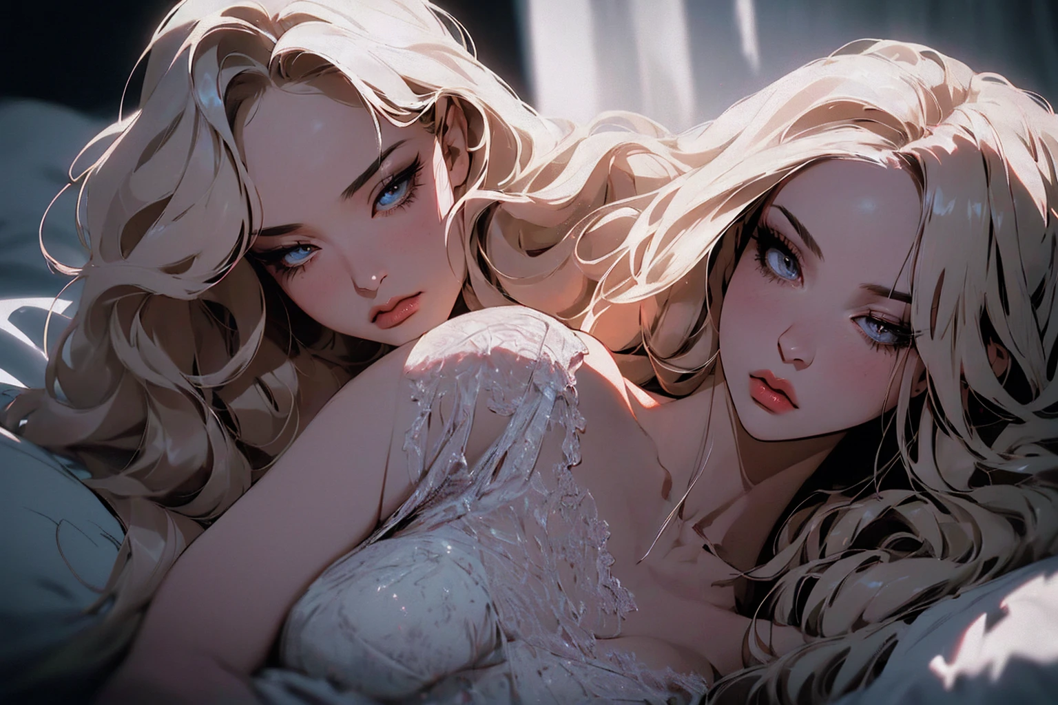 (Masterpiece - Ultra-detailed, very high resolution) Prepare to be enchanted by a true masterpiece that combines ultra-detailed art with high-resolution rendering. This work depicts a mesmerizing woman with very long blond hair (1.3) and captivating gray eyes (1.2), emanating an aura of elegance and mystery in Victorian settings. The intricate details and realistic textures invite you to explore every aspect of this enchanting composition. Woman wearing beautiful classic Victorian costume from the year 1878. Red lips. Happy face. laying on the bed, dynamic poses. Get ready to dive into a world where beauty and craftsmanship merge perfectly.
