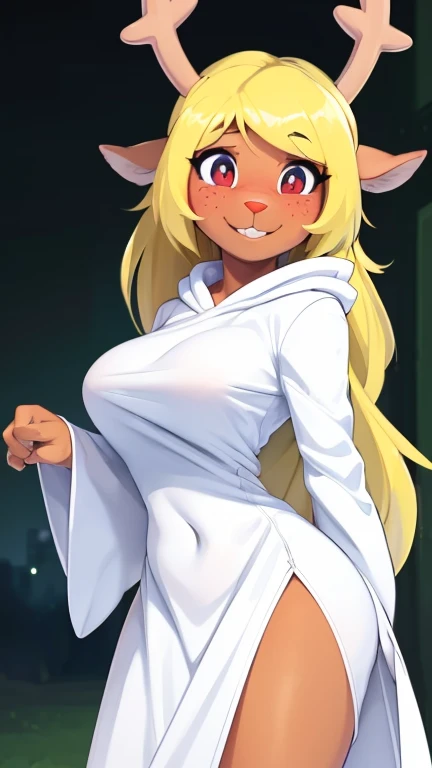 (noelle, furry female anthro, blonde hair, deer girl, red deer nose, white eyes, white pupils, white robe, hooded robe, big breasts, midriff), hands on hips, wide hips, green neon city, smiling, blushing