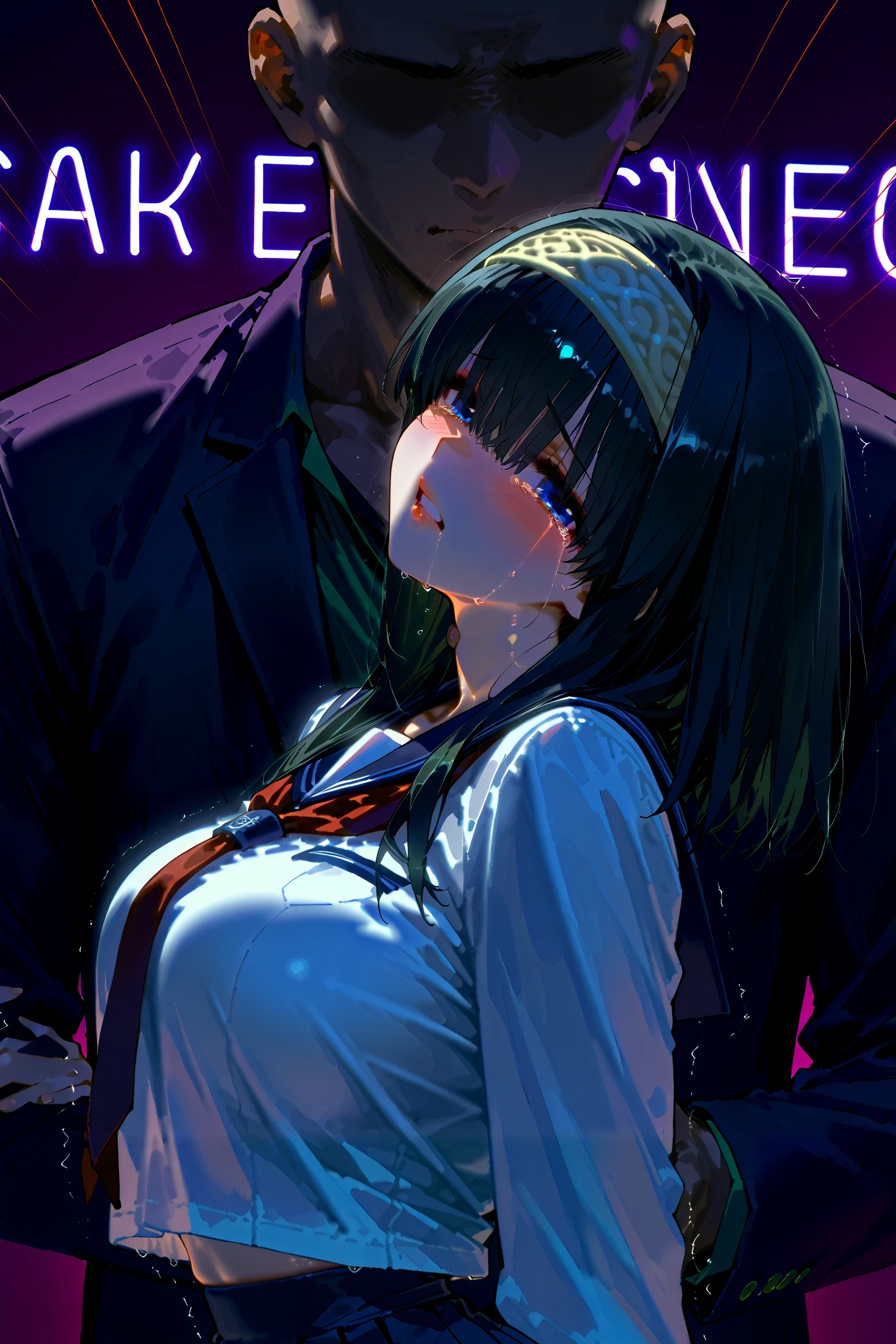 fumica sagisawa, blue eyes, ((black hair)), hairband , long hair, hair over eyes, petite woman、(white shiny outline:1.3), Slim waistline、 Huge Breasts、(( shiny skin)), ( sagitales),(arched back), 、4K raw photo, Best quality, masterpiece, ultra high res, film grain, looking at viewer, natural skin texture, realistic eye and face details, full lips, lipstick, (makeup ), red eyeshadow, , beautiful legs, skinny, ((blush)), score_9, score_8_up , score_7_up , score_6_up , official art, sup er fine illustration, (((A macho faceless bald man who grabs her by the neck from behind)))、(((Obscene lines))), ,((wail, cry, sobbing, streaming tears, Lots of tears))、head tilt, arms up ,(((bedroom with pink neon lights)))、from side, ((( school uniform)))、(((((Upper body))))),
