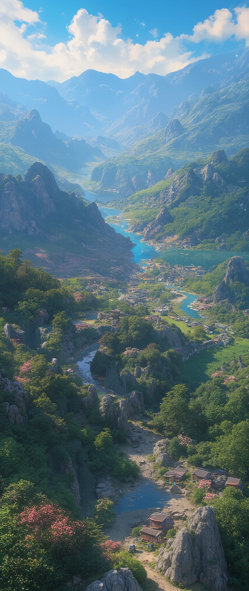 \(A plain with countless mountains, verdant with various flowers and rivers pass between them\) Connect mountains of the same appearance. And some Japanese houses complete the scene. to the background. Dazzling light falls from the sky and is diffused in the rivers.