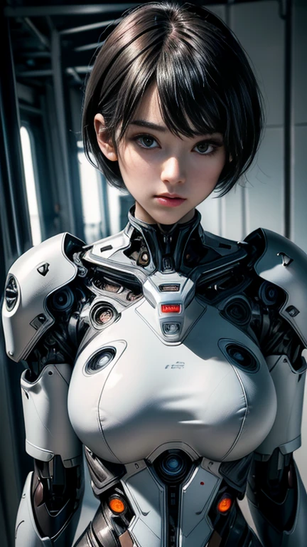 complex 3d render ultra detailed of a porcelain woman cyborg, 1girl, (natural skin texture, realistic eye details:1.2), robotic parts, beautiful soft light, rim light, vibrant details, luxurious cyberpunk, hyperrealistic, anatomical, facial muscles, cable electric wires, microchip, elegant, beautiful background, octane render, APPLE style, 8k, best quality, masterpiece, illustration, extremely delicate and beautiful, CG, unity, wallpaper, (realistic, photo-realistic:1.2), Amazing, finely detail, masterpiece, best quality, official art, extremely detailed CG unity 8k wallpaper, incredibly absurdres, sexy robot, mechanical skeleton, android, surrealism, doomsday wasteland, (high-tech prosthetics:1.2), fluffy black short hair, perfect body, Navy blue glowing cyber vessel