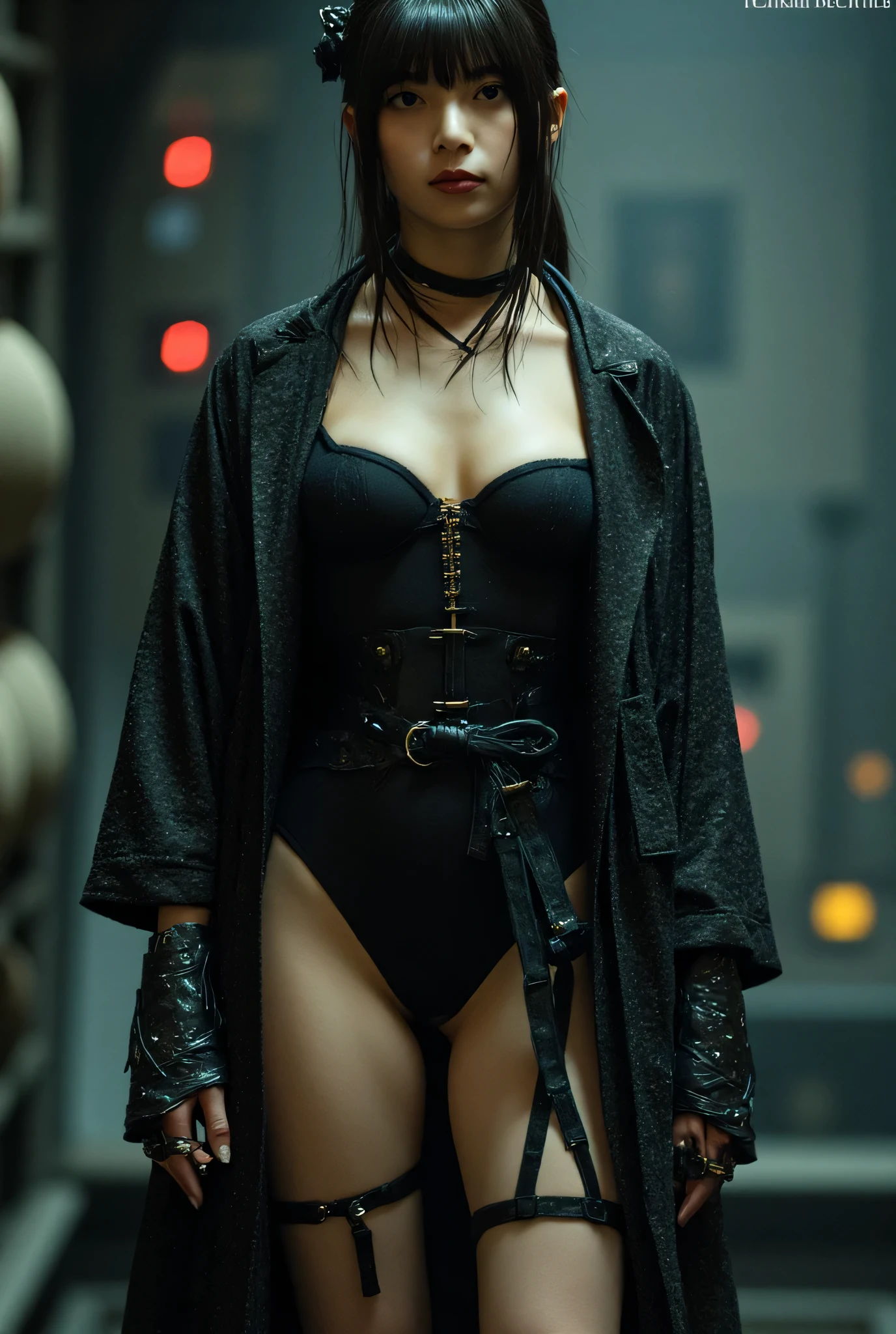 (((The dark interior of the Nostromo ship :2.0))),((( HR Gigger Style Cyberpunk Atmosphere :2.0))),(((Hold a cyberpunk-style Japanese sword:2.0))), stand with legs spread,((whole body:2.0)), one woman,( cute face),(Beautiful well-balanced face ),(( natural big breasted :2.0)),( black hair:1.5),(beautiful eyes:1.3), glamorous shot of a 20 year old Japanese woman , Slender Beautiful Body ,((Model body type:2.0)),(( slim body with hot water:1.7)), perfect body line ,ideal proportions,(( big breasts:2.0)),((F cup chest wearing:1.5)),Big Breasts,Bare thighs, sensual thighs, delicate body,( Muscular:1.7),A harmonious posture,((Realistic breast depiction :1.7)), carefully depict limbs based on perfect anatomy,((Wear a samurai kimono-style military coat with an open front over a black super high-leg leotard :1.5)),((a super high leg leotard made of fitted cammie-style latex:1.5)),(( leotard that is tied from behind:1.5)),(ear monitor:1.5),((Tactical Holster:1.5)),( gloves:1.3),concept art,(TOP QUALITY:1.5),(masterpiece:1.5),(超高resolution),resolution,UHD,( delicate depiction), carefully drawn with butterfly wings ,32K,((realistic skin texture:1.5)),((( Super realistic :1.5))), eyelashes,very detailed face,Highly detailed female hand,Sexy appearance,Very sensual,(Blurry Dim Backgrounds :1.5), professional photography,( Movie Lighting:2.0),(( Blade Runner Style Lights :2.0))