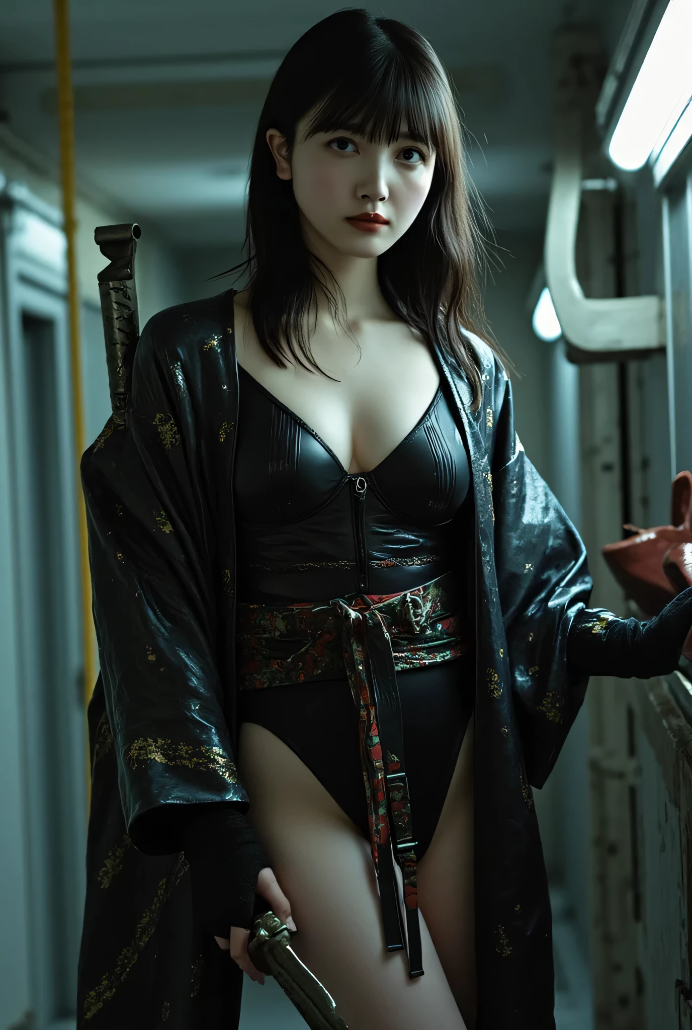 Une fillette en robe chinoise noire dans un bunker.