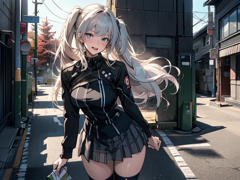 Lovely eyes:1.2), (Bright Eyes:1.2), best quality,wonderful,Finely,Extremely detailed CG unity 8k wallpaper, (The most popular one in school，3 girls),（((3 girls,,Uniforms))） (girl in front：She has long black hair and red eyes.，), (Girl on the right：White hair and pink eyes)，（Girl on the left：Pink hair and purple eyes，Looks violent and disrespectful）, (Lower breasts:1.1), (open mouth:1.1),(thigh:1.2),(waistline:1.2)，Corner store in the background