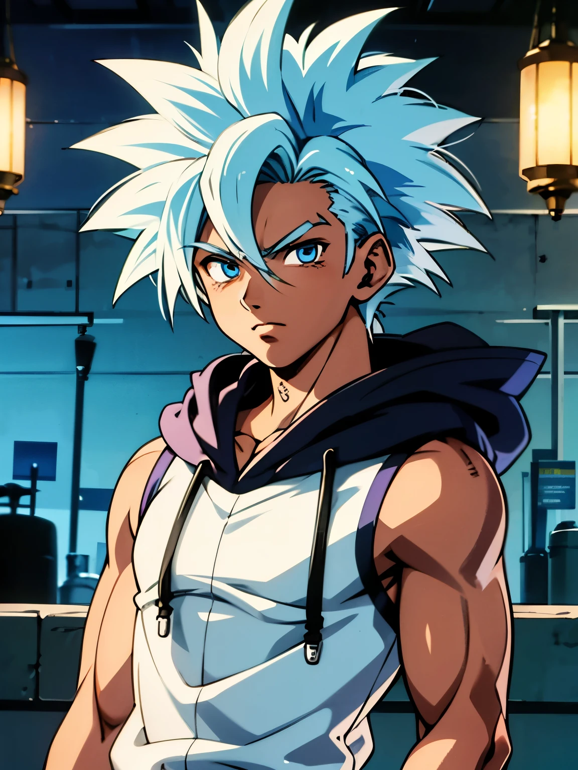 best quality image, imagine a age man , that has dark skin , who has light blue eyes , who has light blue hair, with big, messy and spiky hair, Are you wearing a sleeveless hooded shirt.