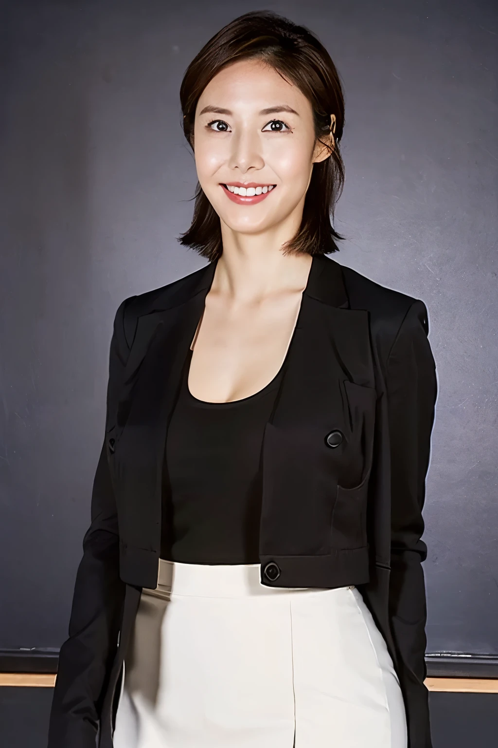 beautiful FemaleTeacher、、brown hair on both arms、smile、Big Breasts、 sexy body、black jacket inside white tank top、 black tight miniskirt、 A white blonde female teacher wearing a black tight skirt and a white shirt standing in front of a blackboard 、 in the school classroom