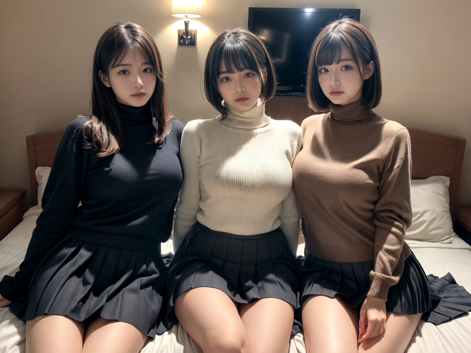 masterpiece, best quality, illustration, Super detailed, fine details, High resolution, 8K,wall paper, perfect dynamic composition,(Details High quality, realistic depiction of eyes:1.3), (3 girls), (Fleece jacket, turtleneck sweater, pleated skirt:1.2), sitting, open legs, short bob hair, in a hotel room in the background, deep on field, large breasts, black hair color, Big Natural Color Lip, (perfect body shape), crying a little、Harajuku style、20 year old girl、cute type、beautiful legs, Gravure Idol