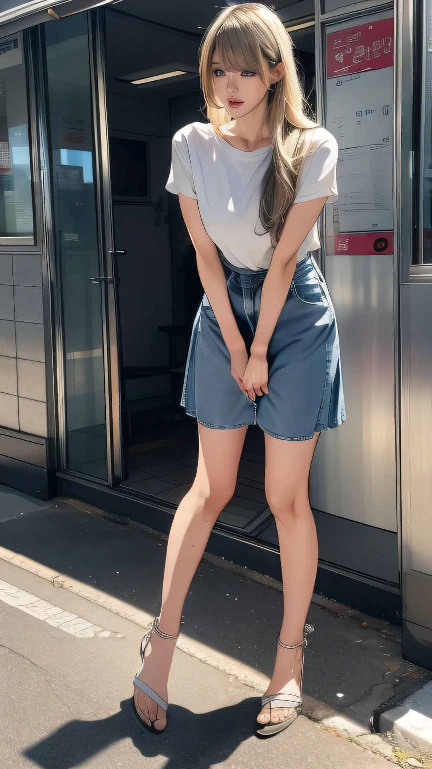 1 girl is taking to lavatory, looking away, standing, Green eyes, embarrassed, blush, Keep one's mouth shut, street (girl is peeing self:0.4)