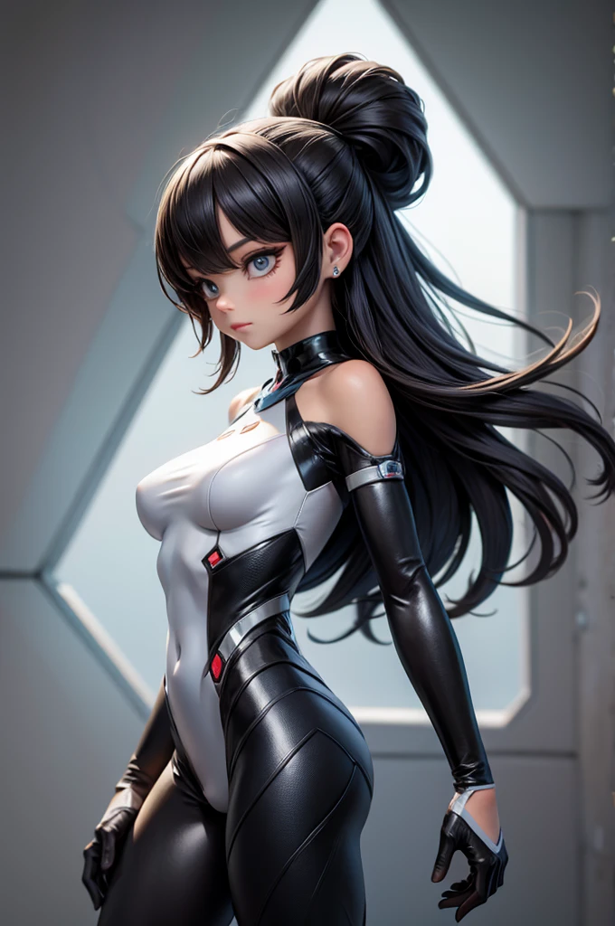extremely cute human eighteen year old girl face, human torso, human chest, human belly, human hips, human thighs, human hands, robotic arms, robotic legs, arms and legs have hard white shiny shells and black joints, extremely pretty and feminine, short, petite, little, small, full hips, medium bust, (((cleavage showing))), (((flat belly showing))), partial helmet over ears with antenna, black robotic joints, very stylish, award winning product design, black rubber bodysuit, shiny white metal breastplate open at cleavage and belly, shiny white metal faulds over hips like a skirt, armor has stylish, glowing trim, white shiny epaulettes, rounded epaulettes