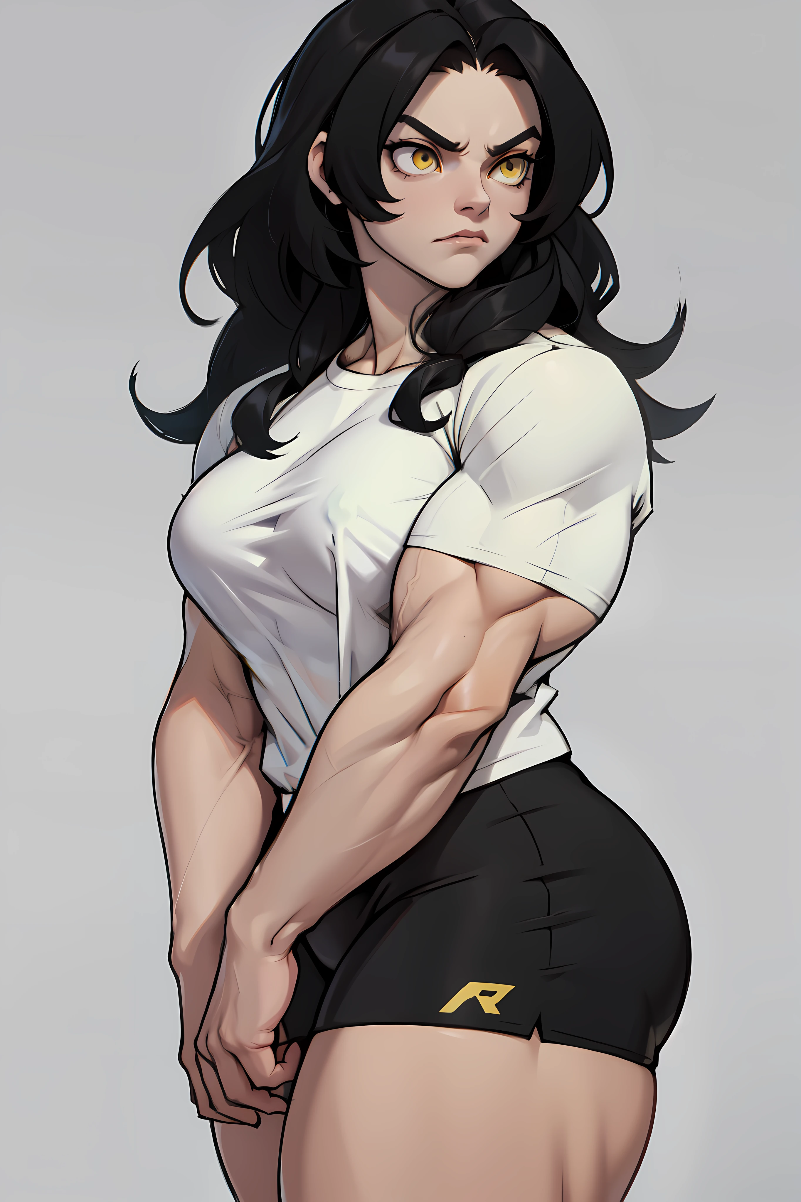 ((1girl)) pale skin large breasts (muscular) toned body thick thighs black hair yellow eyes (long hair grey background) bodybuilder angry tight shirt