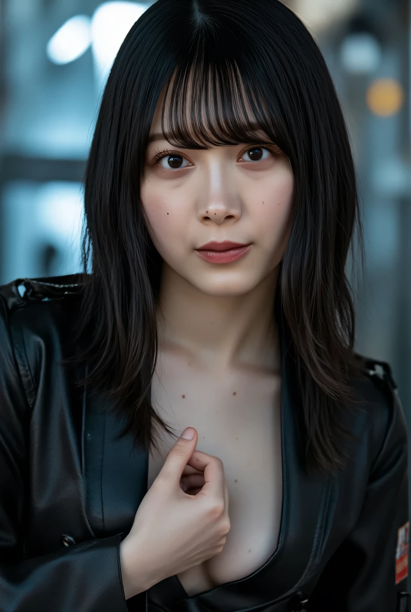 (((The dark interior of the Nostromo ship :2.0))),((( HR Gigger Style Cyberpunk Atmosphere :2.0))),(((Hold a cyberpunk-style Japanese sword:2.0))), stand with legs spread,((whole body:2.0)), one woman,( cute face),(Beautiful well-balanced face ),(( natural big breasted :2.0)),( black hair:1.5),(beautiful eyes:1.3), glamorous shot of a 20 year old Japanese woman , Slender Beautiful Body ,((Model body type:2.0)),(( slim body with hot water:1.7)), perfect body line ,ideal proportions,(( big breasts:2.0)),((F cup chest wearing:1.5)),Big Breasts,Bare thighs, sensual thighs, delicate body,( Muscular:1.7),A harmonious posture,((Realistic breast depiction :1.7)), carefully depict limbs based on perfect anatomy,((Wear a samurai kimono-style military coat with an open front over a black super high-leg leotard :1.5)),((a super high leg leotard made of fitted cammie-style latex:1.5)),(( leotard that is tied from behind:1.5)),(ear monitor:1.5),((Tactical Holster:1.5)),( gloves:1.3),concept art,(TOP QUALITY:1.5),(masterpiece:1.5),(超高resolution),resolution,UHD,( delicate depiction), carefully drawn with butterfly wings ,32K,((realistic skin texture:1.5)),((( Super realistic :1.5))), eyelashes,very detailed face,Highly detailed female hand,Sexy appearance,Very sensual,(Blurry Dim Backgrounds :1.5), professional photography,( Movie Lighting:2.0),(( Blade Runner Style Lights :2.0))
