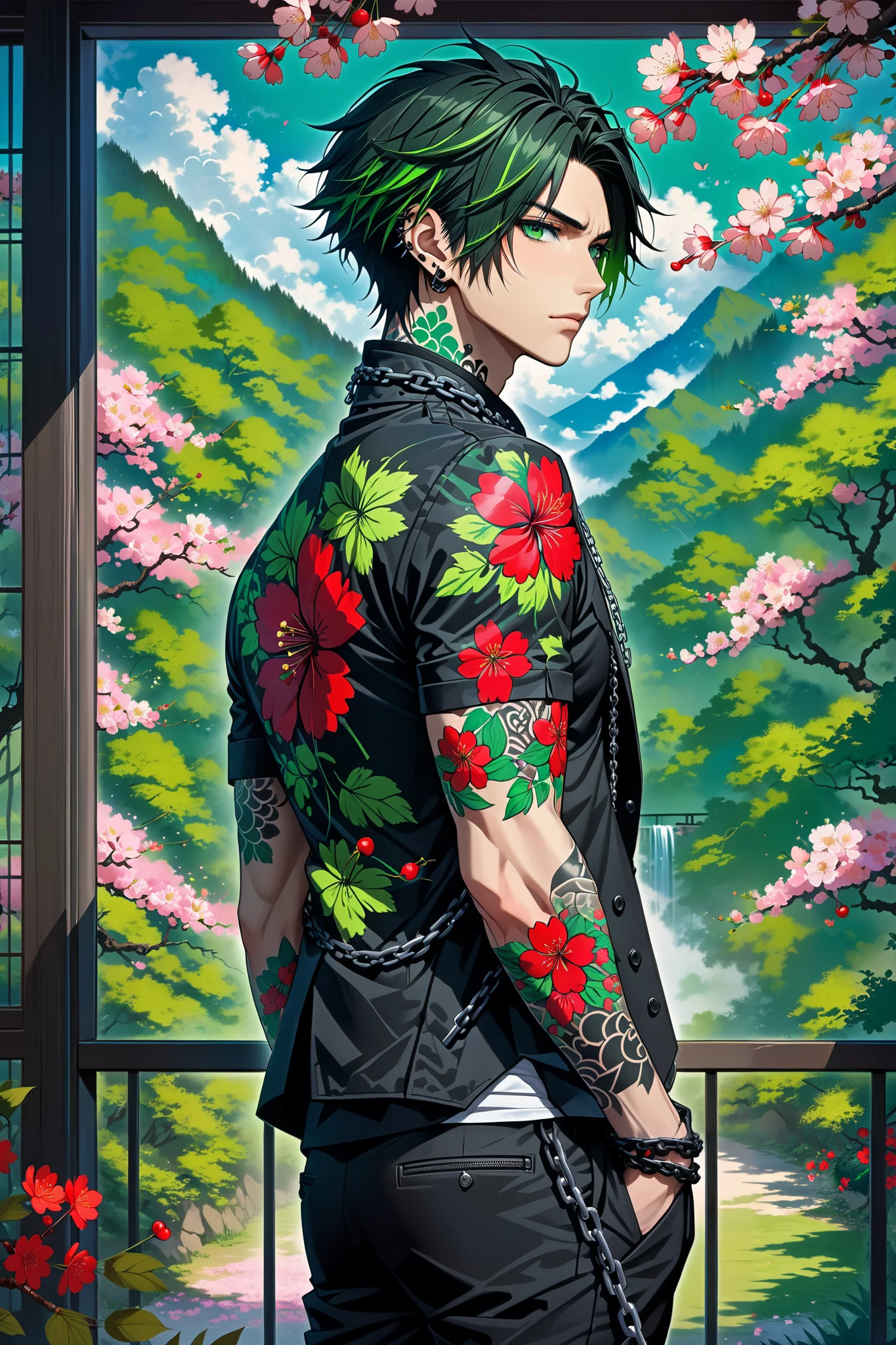 quality masterpiece, anime style, solo, male, skinny, muscular definition, black emo hair, ((green highlights in hair)), (scruffy short hair), ((Green eyes)), Ear gauged, Spiked Collar, Nails black painted, body covered in Flower tattoos, Wearing Black short sleeve shirt, black pants, stern look, (chains on jacket), Outside view, ((forest background with cherry blossoms)), window that shows outside, day time,