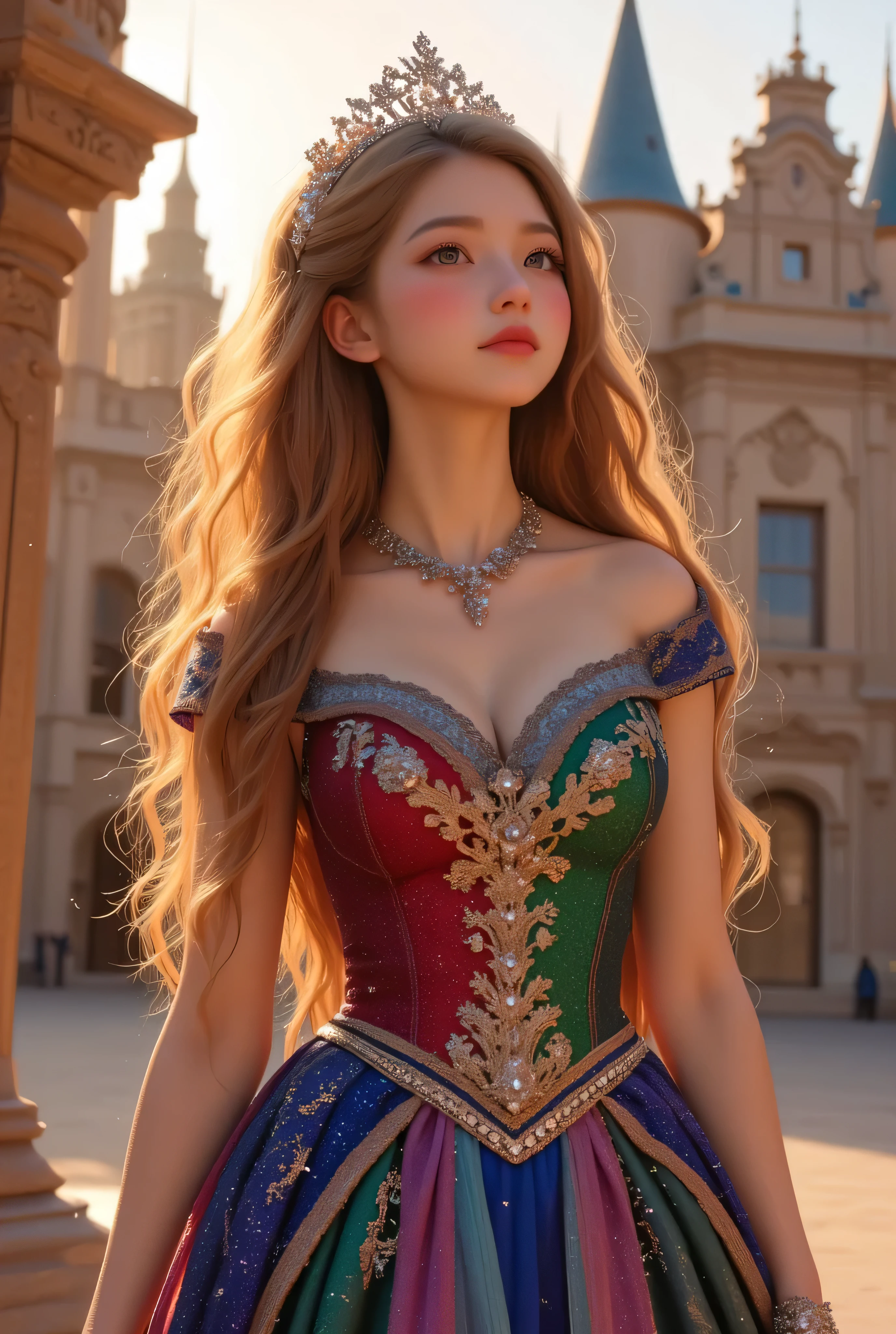 1girl, Long hair, lors, deep contrast, super real, pink lipstick, lovely atmosphere, cinematic composition, close-up of face. She is wearing a breathtakingly opulent princess dress with flowing, multi-layered fabrics in a mesmerizing blend of royal blue, deep crimson, emerald green, and shimmering violet, creating a dazzling gradient effect. The dress is adorned with intricate golden and silver embroidery, forming delicate floral and celestial patterns, intertwined with radiant, sparkling gems in shades of sapphire, ruby, emerald, and amethyst. The off-shoulder design is enhanced with sheer, shimmering fabrics that drape elegantly, catching the light like woven stardust. Her bodice is encrusted with fine jewel embellishments, and a beautifully detailed silver and gold belt cinches her waist, adding to the regal elegance. She also wears a dazzling gemstone necklace, a delicate tiara of intertwined silver and gold adorned with pearls and precious stones, and an exquisite matching bracelet. Her dress have many lights , shinning out the lights.

She stands gracefully in front of a magnificent castle with towering spires, intricate stonework, and glowing stained-glass windows that cast a kaleidoscope of colors onto the grand courtyard. The castle is bathed in the golden light of a setting sun, with the sky painted in warm hues of orange, pink, and purple. Ethereal sparkles fill the air, adding a magical glow to the scene. Her expression is serene, confident, and regal, exuding the grace and charm of a true fairy-tale princess in a fantastical, enchanted world.
