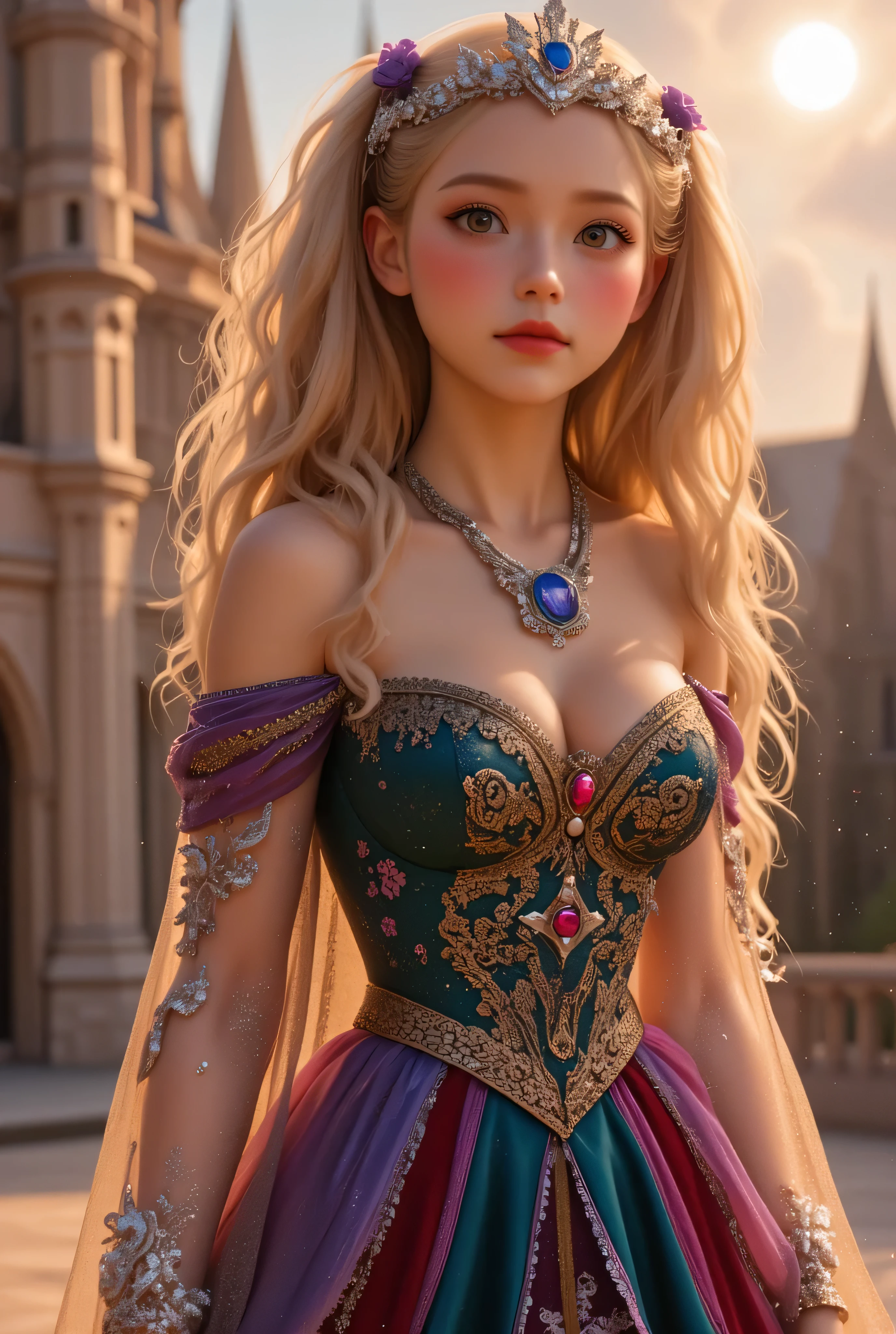 1girl, Long hair, lors, deep contrast, super real, pink lipstick, lovely atmosphere, cinematic composition, close-up of face. She is wearing a breathtakingly opulent princess dress with flowing, multi-layered fabrics in a mesmerizing blend of royal blue, deep crimson, emerald green, and shimmering violet, creating a dazzling gradient effect. The dress is adorned with intricate golden and silver embroidery, forming delicate floral and celestial patterns, intertwined with radiant, sparkling gems in shades of sapphire, ruby, emerald, and amethyst. The off-shoulder design is enhanced with sheer, shimmering fabrics that drape elegantly, catching the light like woven stardust. Her bodice is encrusted with fine jewel embellishments, and a beautifully detailed silver and gold belt cinches her waist, adding to the regal elegance. She also wears a dazzling gemstone necklace, a delicate tiara of intertwined silver and gold adorned with pearls and precious stones, and an exquisite matching bracelet. Her dress have many lights , shinning out the lights.
She stands gracefully in front of a magnificent castle with towering spires, intricate stonework, and glowing stained-glass windows that cast a kaleidoscope of colors onto the grand courtyard. The castle is bathed in the golden light of a setting sun, with the sky painted in warm hues of orange, pink, and purple. Ethereal sparkles fill the air, adding a magical glow to the scene. Her expression is serene, confident, and regal, exuding the grace and charm of a true fairy-tale princess in a fantastical, enchanted world.