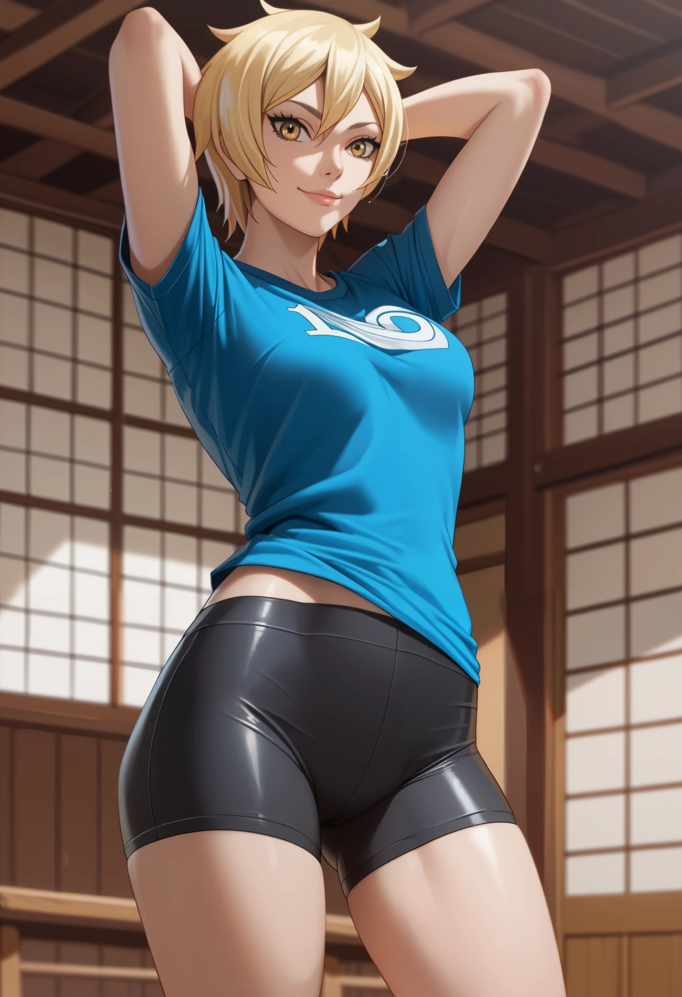 score_9, score_8_up, score_7_up, source_anime, short hair, yukino agria, yellow eyes, boruto style, blonde hair, blue shirt, 1 girl, solo, light smile, bike shorts, thigh shirt, arms behind head, impossible shirt, mma shirt, black shorts, thigh clothes, cowboy shot, dojo