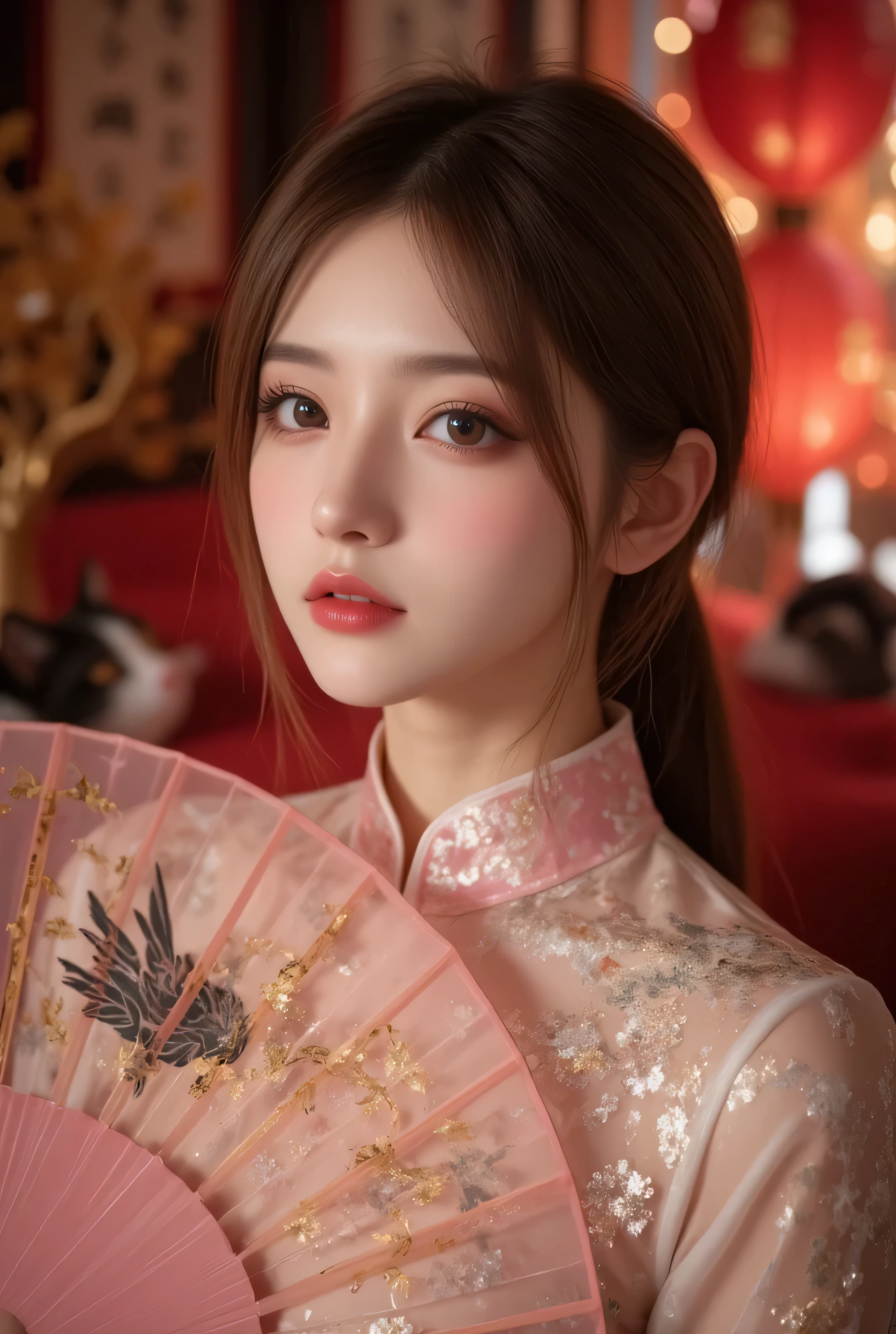 Cat ears、 face up, attractive, pretty girl, ponytail、 (( fine facial features , eroticism)), dramatic lighting , realistic , 8k, Dramatic Shadows , intricate and elaborate patterns , super detailed photo , chiaroscuro lighting , Pleasant colors , deep contrast , super real 、 pink lipstick、 warm room、Vintage Fireplace 、 cinematic composition、Close-up of face, pretty half part transparent open shoulder loose outfits dress, tang style, A beautiful Korean idol wearing a one piece red- black tightly cheongsam with phoenix and intricate floral golden embroidery, golden and silver outline on dress, hand hold pink feathers transparent Chinese fan with golden ink painting of bird and tree , standing gracefully in a room filled with traditional Chinese New Year decorations. The room features vibrant red lanterns, decorative calligraphy scrolls, a small Chinese orange tree with golden ornaments, and several red envelopes scattered across the floor and hanging from the tree. Adorable, playful cats are part of the scene—some sitting near the tree, others curiously pawing at the red envelopes or lounging around. Through a window or an open door in the background, vibrant Chinese fireworks light up the night sky in an array of reds, golds, and blues, casting a magical glow into the room. The idol’s outfit is paired with subtle accessories like red hairpins or earrings, complementing the festive look. The atmosphere is warm and lively, filled with the joyful essence of the celebration, enhanced by the shimmering lights of the fireworks and the lively decor.