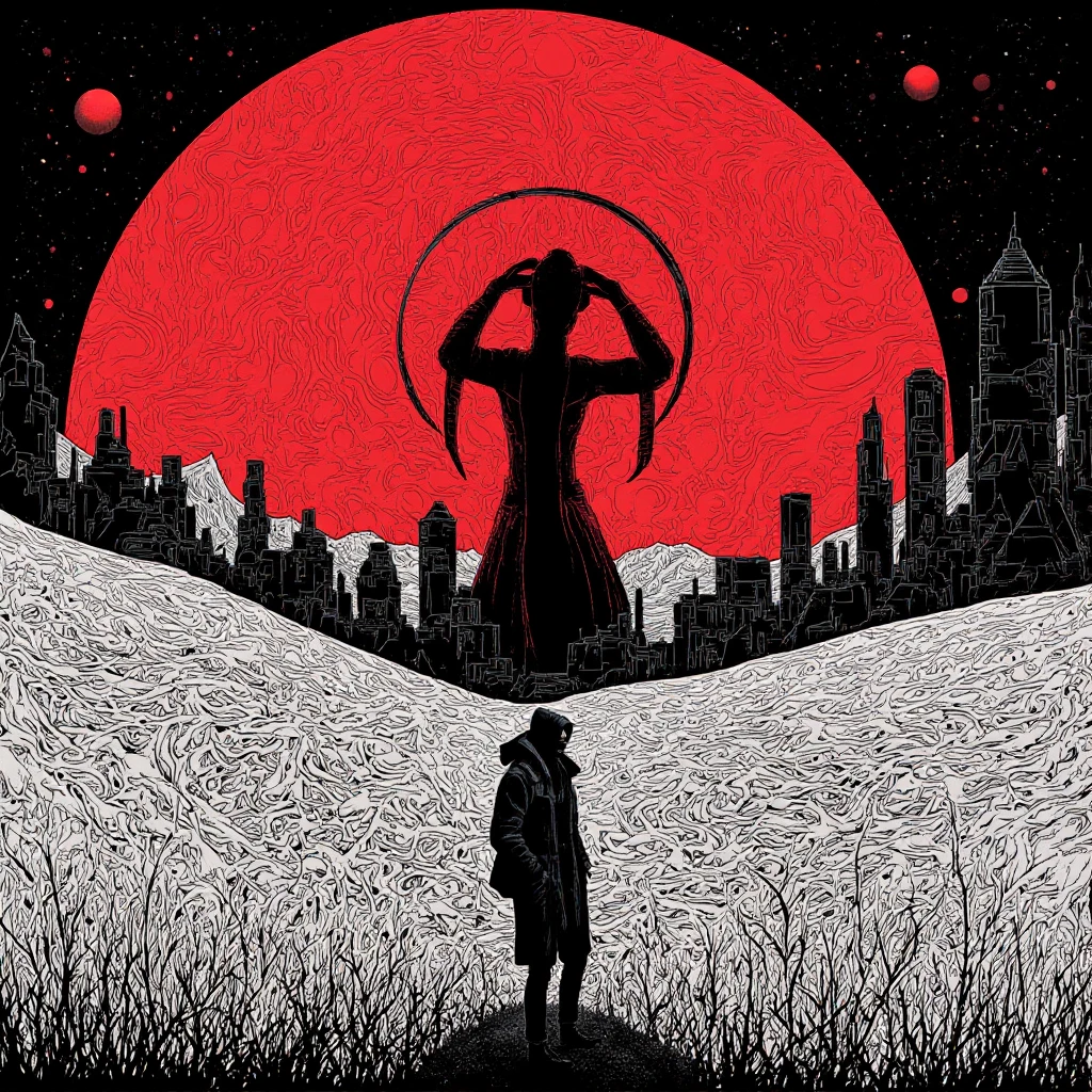 world simulation , martix , cyberspace simulation , virtual reality , code in objects, digital sun and sky , eternity algorithm , in style of Santiago Caruso,Linear delusion, Collage art：A man standing in a field，Behind me is a huge red sun like giants dead eye ，Fantasy Art, galaxy,illustration, Vector Sad guy in old hooded jacket, ,' console , shadow on face, mysterious, futuristic elements,, bits high quality, 8K Ultra HD, A beautiful double exposure that combines an goddess silhouette with sunset coast, sunset coast should serve as the underlying backdrop, with its details incorporated into the goddess , crisp lines, The background is monochrome, sharp focus, double exposure, by yukisakura, awesome full color,
