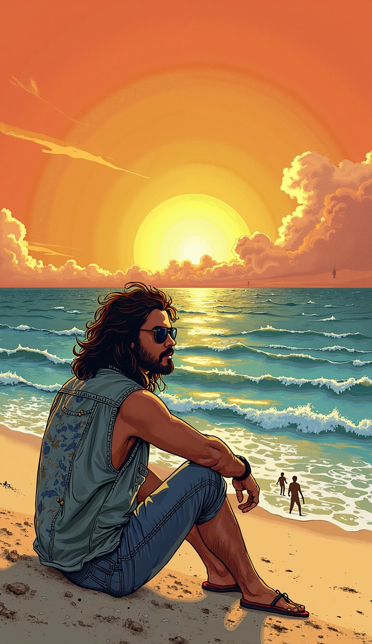 Create a very high quality image, in drawing, Old comic book style, Raul Seixas with clothes from the 80s, Sitting on the sand of the beach looking at the sea, sunset , people walking on the beach