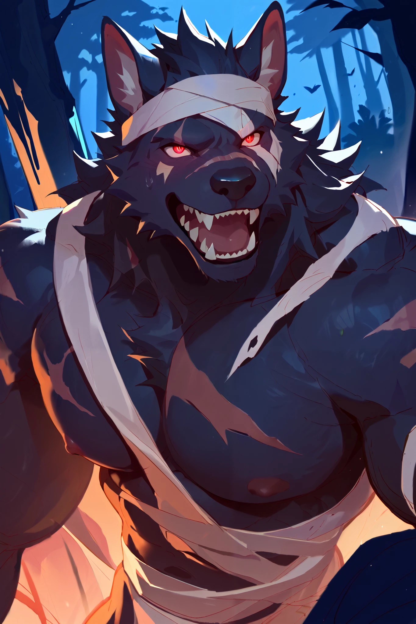 photorealistic werewolf growling cold breeze in a freezing night with moon on the background, 4k