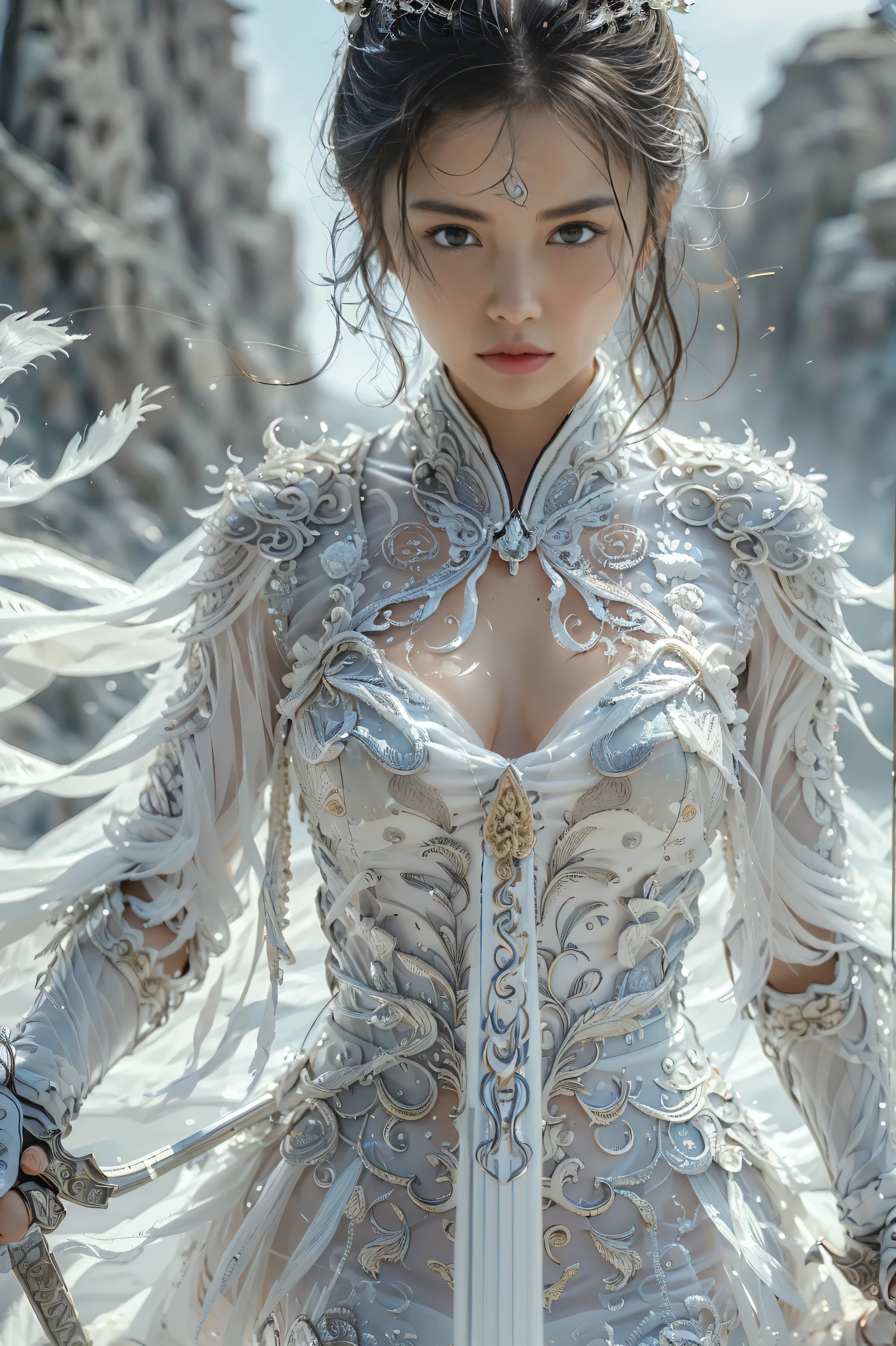 (masterpiece, RAW, 32K, UHD, hyper realistic, best quality), swordswoman,1girl (Beautiful face, supermodel) ,seductive smile, black hair ,blue sky, blurry, brown eyes ,closed mouth ,cloud ,day ,eyelashes ,grey eyes, holding sword, lips ,long hair, looking at viewer, mountain, snow ,solo ,sword ,water, weapon, wind ,winter, sword ,Hanfu, Masterpiece,Game art,The best picture quality,Highest resolution,8K,(Portrait),Unreal Engine 5 rendering works,(Digital Photography),((Portrait Feature:1.5)), 20 year old girl,Short hair details,With long bangs,(The red eye makeup is very meticulous),(With long gray hair:1.4),(Large, full breasts),Elegant and noble,Brave and charming, (Future armor combined with the characteristics of ancient Chinese armor,Hollow design,Power Armor,The mysterious Eastern runes,A delicate dress pattern,A flash of magic),Warrior of the future,Cyberpunk figures,Background of war, Movie lights,Ray tracing,Game CG,((3D Unreal Engine)),OC rendering reflection pattern