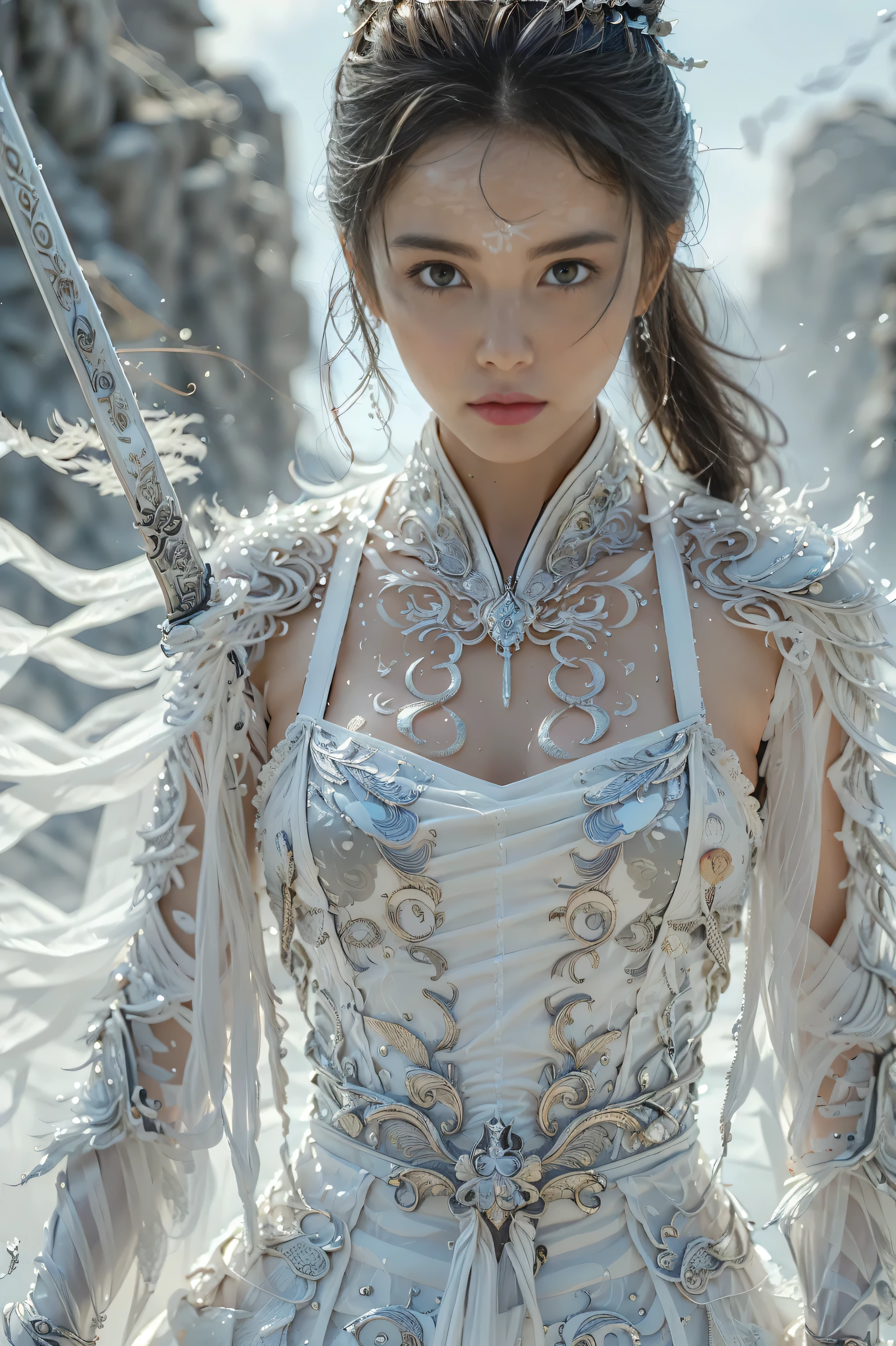 (masterpiece, RAW, 32K, UHD, hyper realistic, best quality), swordswoman,1girl (Beautiful face, supermodel) ,seductive smile, black hair ,blue sky, blurry, brown eyes ,closed mouth ,cloud ,day ,eyelashes ,grey eyes, holding sword, lips ,long hair, looking at viewer, mountain, snow ,solo ,sword ,water, weapon, wind ,winter, sword ,Hanfu, Masterpiece,Game art,The best picture quality,Highest resolution,8K,(Portrait),Unreal Engine 5 rendering works,(Digital Photography),((Portrait Feature:1.5)), 20 year old girl,Short hair details,With long bangs,(The red eye makeup is very meticulous),(With long gray hair:1.4),(Large, full breasts),Elegant and noble,Brave and charming, (Future armor combined with the characteristics of ancient Chinese armor,Hollow design,Power Armor,The mysterious Eastern runes,A delicate dress pattern,A flash of magic),Warrior of the future,Cyberpunk figures,Background of war, Movie lights,Ray tracing,Game CG,((3D Unreal Engine)),OC rendering reflection pattern