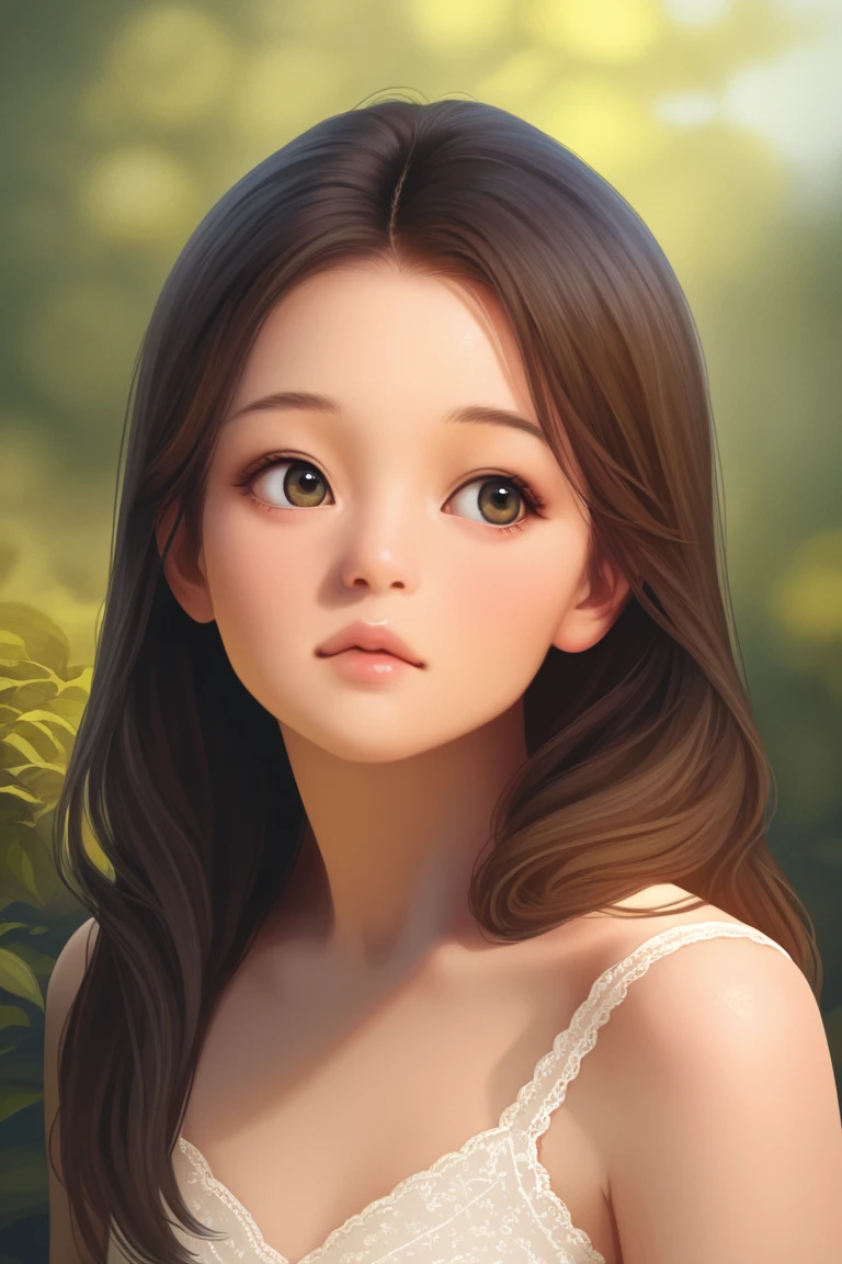 Portrait of a Young Girl,Photorealistic Details,Elegant look,Curious Gaze,Soft skin,Delicate contours,delicate detail,hiquality,RGB 8K,Pictorial style,natural soft light,Soft light,calm atmosphere,mystical,dreamlike
