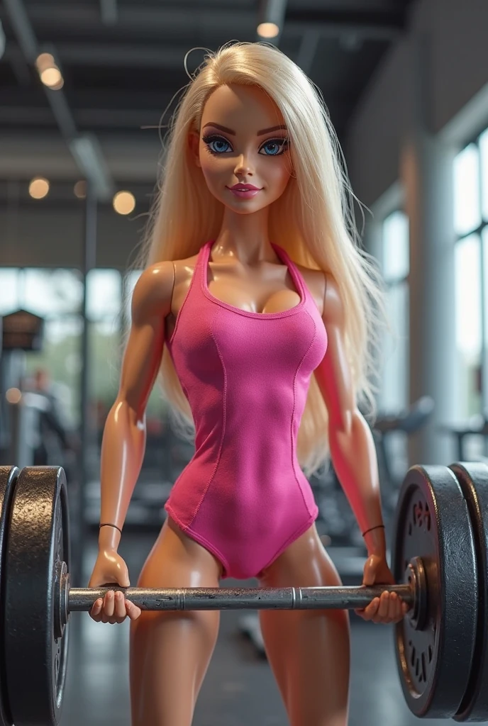 solo, long-haired blonde tween bodybuilder, gigantic wide hips, extremely small narrow waist, enormous round thighs, flirting baby-face smile, pouting thick lips, big blue eyes, deep round cleavage. Wearing pink short bodysuit. thin waist, tanned, 7 year old girl is lifting weights at school gym.