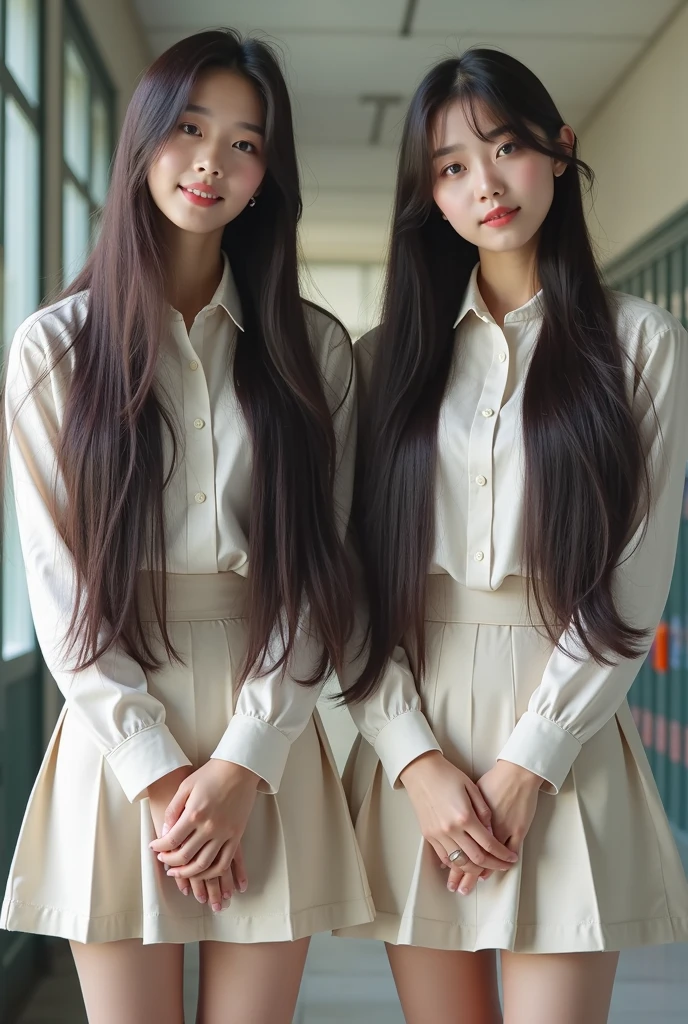 photo portrait of gorgeous japanese age girl wearing dress, sitting on couch, looking at viewer, asymmetrical postures, long black hair, long blonde hair, opposite-coloured hair, different hair styles, long hair, best quality,4k,8k,ultra hires, realistic, photo realistic, RAW photo, hdr, sharp focus, school uniform, skin imperfections, masterpiece, hard light, athmospheric, conjoined_dicephalus,(two heads:1.5),