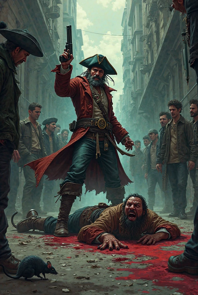 Make me a runner zombie chase a british empire soldier, the soldier hold a sabre
And the soldier has get helpful by a british seaman with blunderbuss, the seaman has kill the zombie